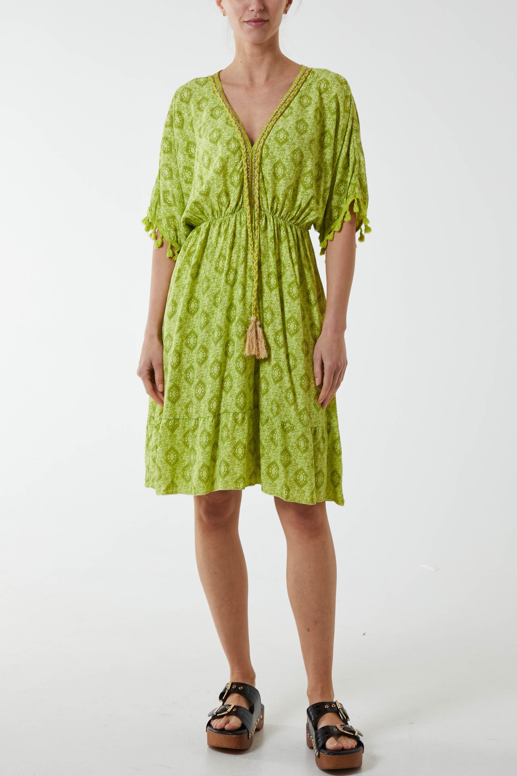 Mosaic Tassel Mini Dress Dresses WearAll Lime One Size