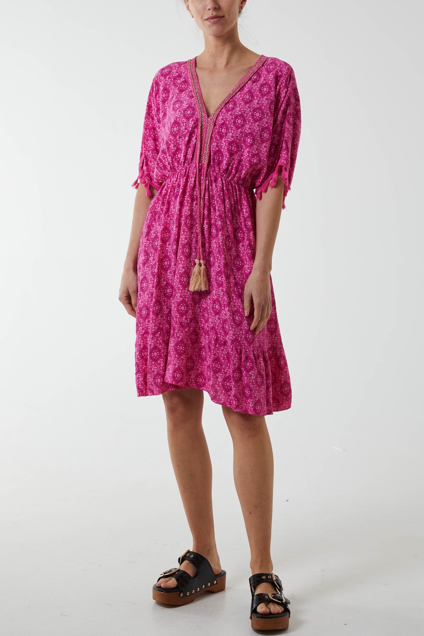 Mosaic Tassel Mini Dress Dresses WearAll Fuchsia One Size