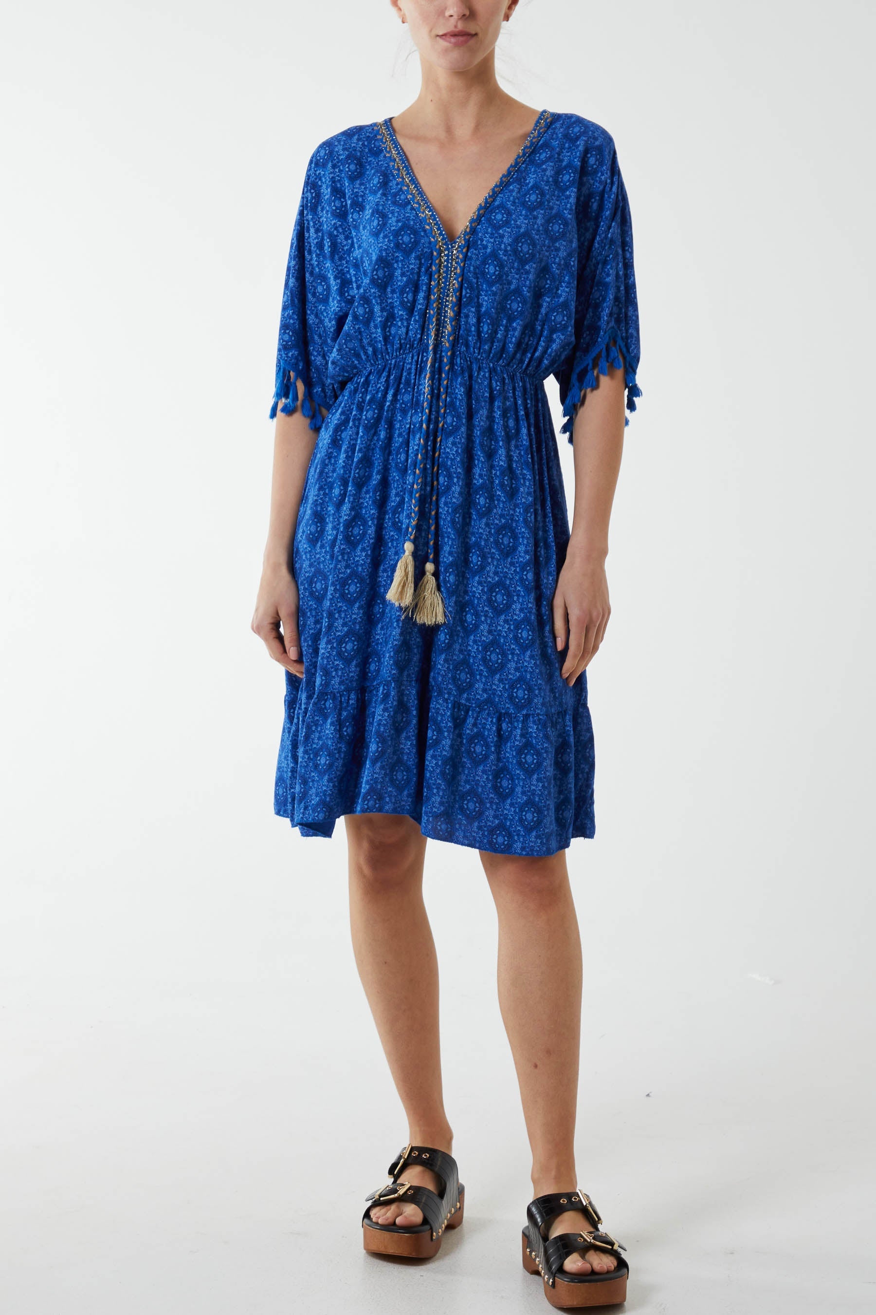 Mosaic Tassel Mini Dress Dresses WearAll Royal Blue One Size