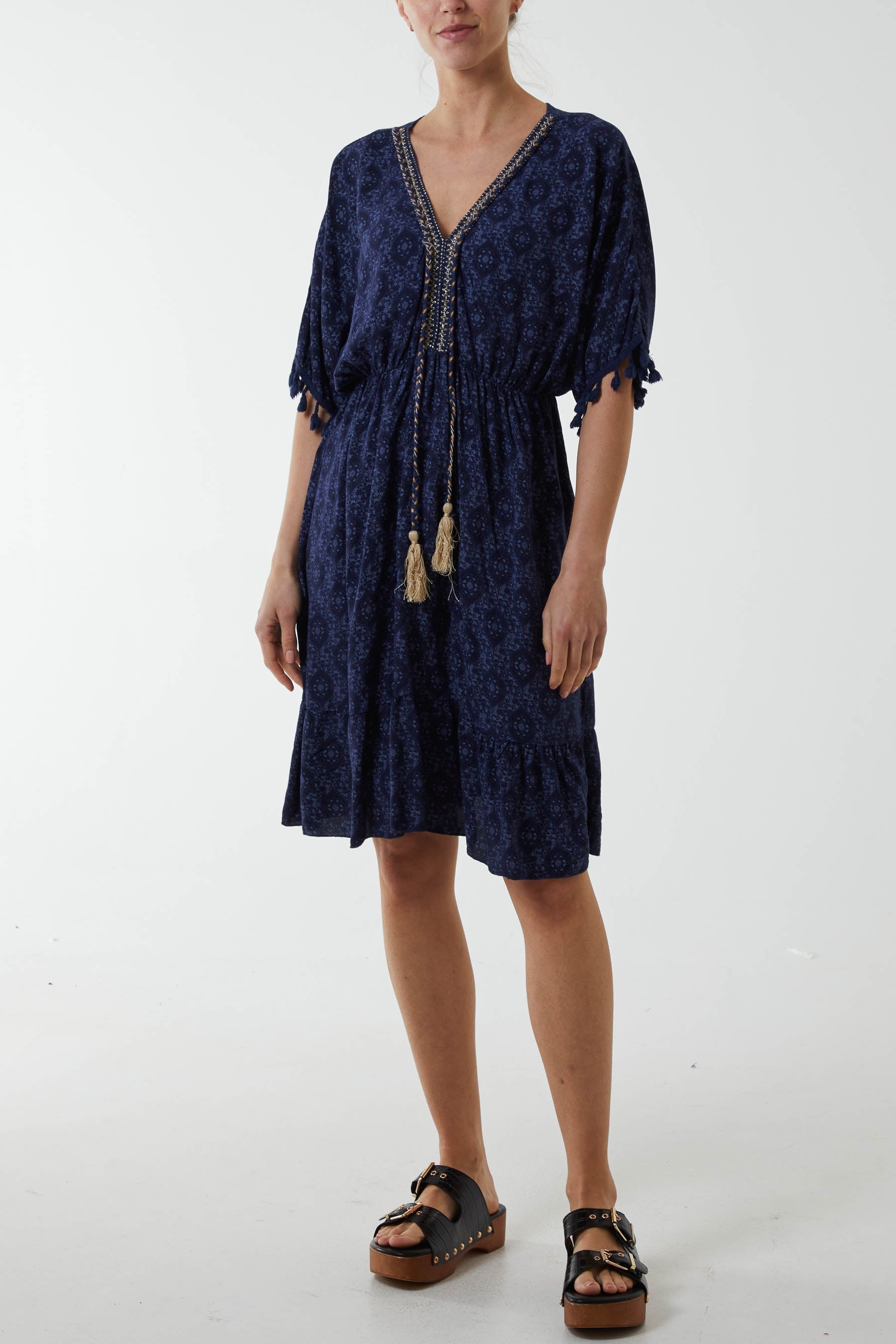 Mosaic Tassel Mini Dress Dresses WearAll Navy One Size