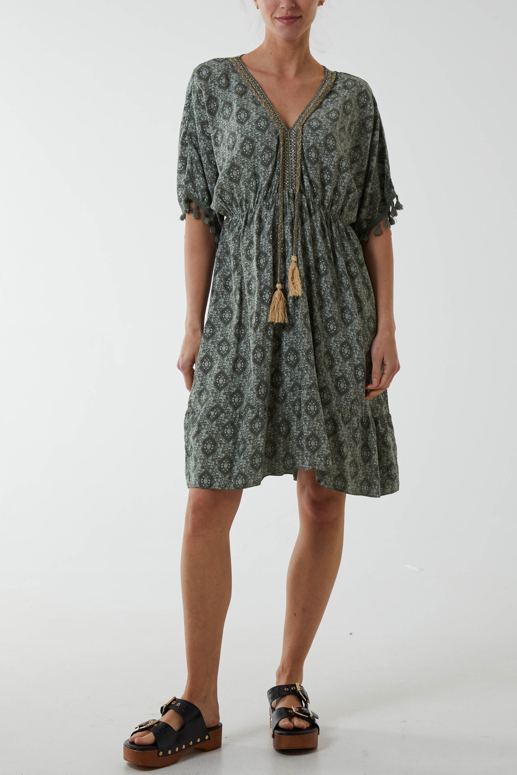 Mosaic Tassel Mini Dress Dresses WearAll Khaki One Size