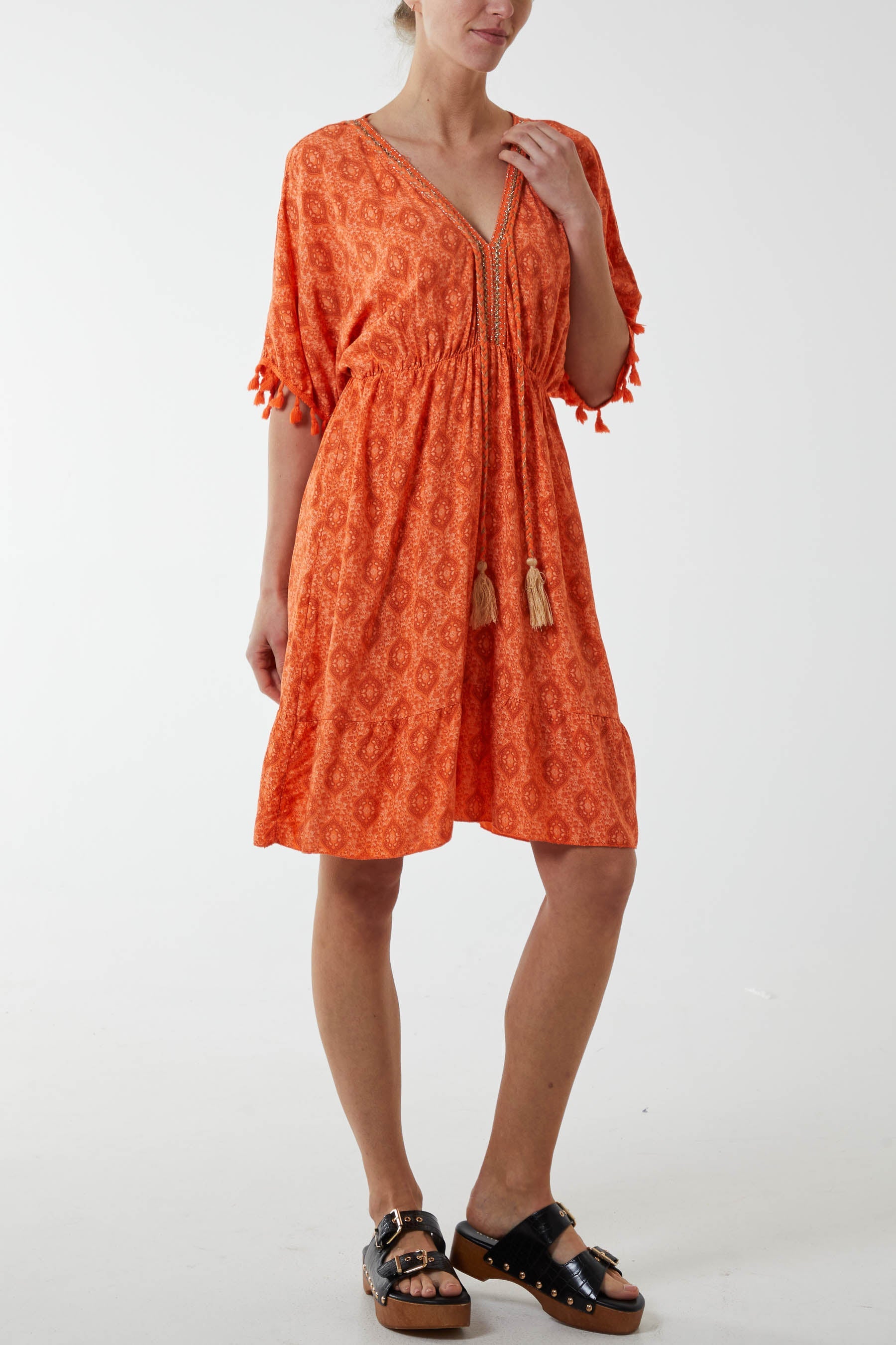 Mosaic Tassel Mini Dress Dresses WearAll Orange One Size