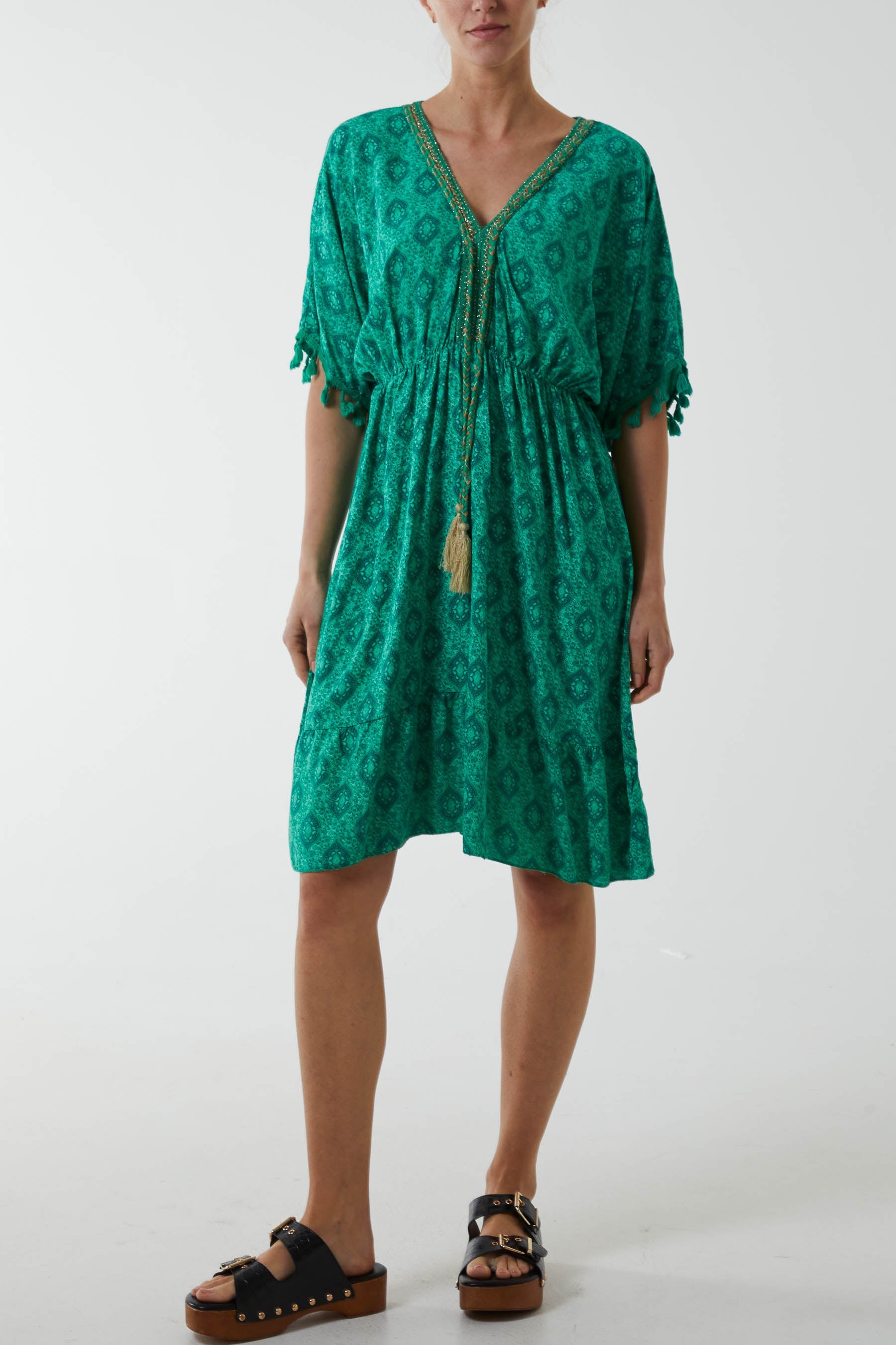 Mosaic Tassel Mini Dress Dresses WearAll Jade One Size