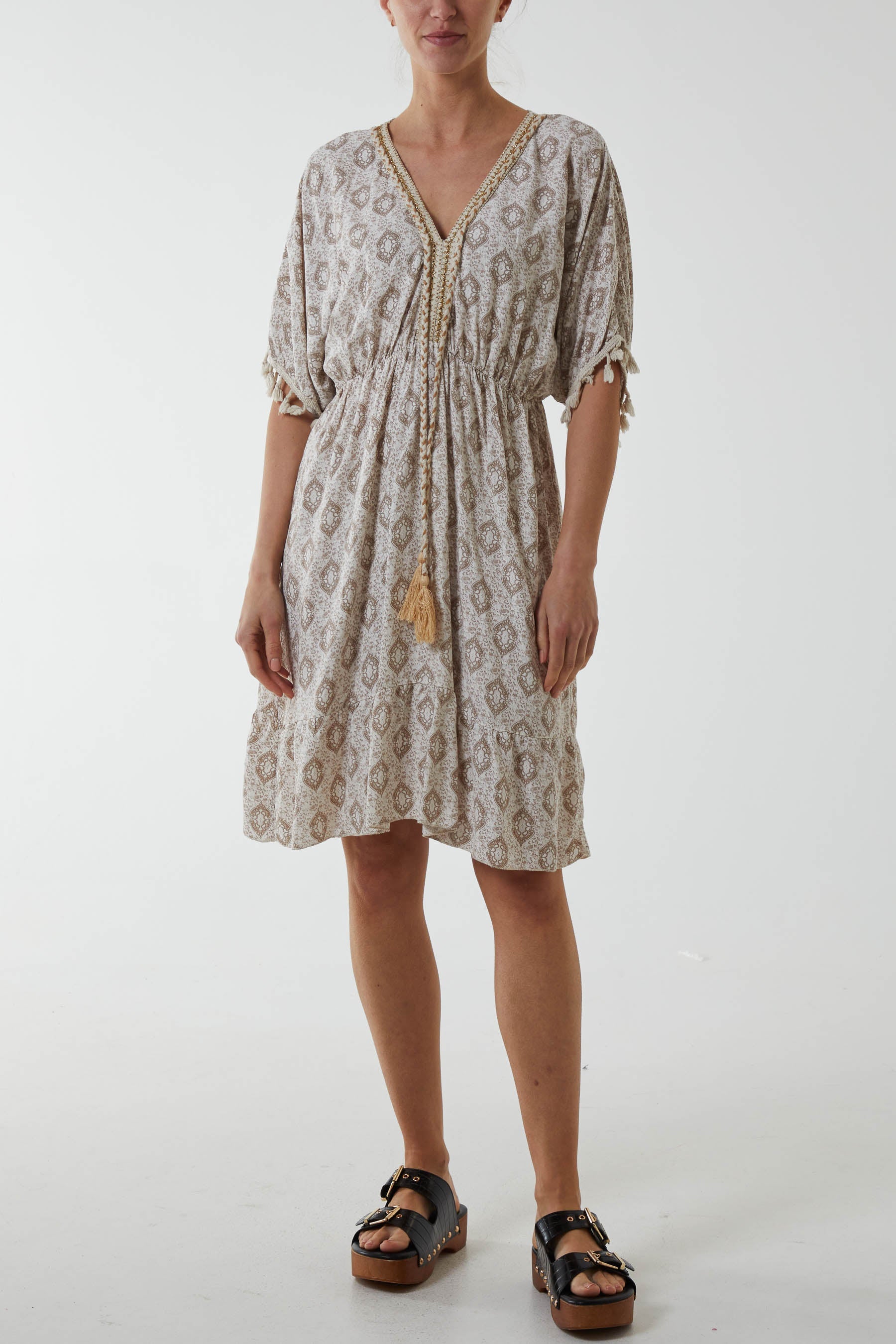 Mosaic Tassel Mini Dress Dresses WearAll Stone One Size