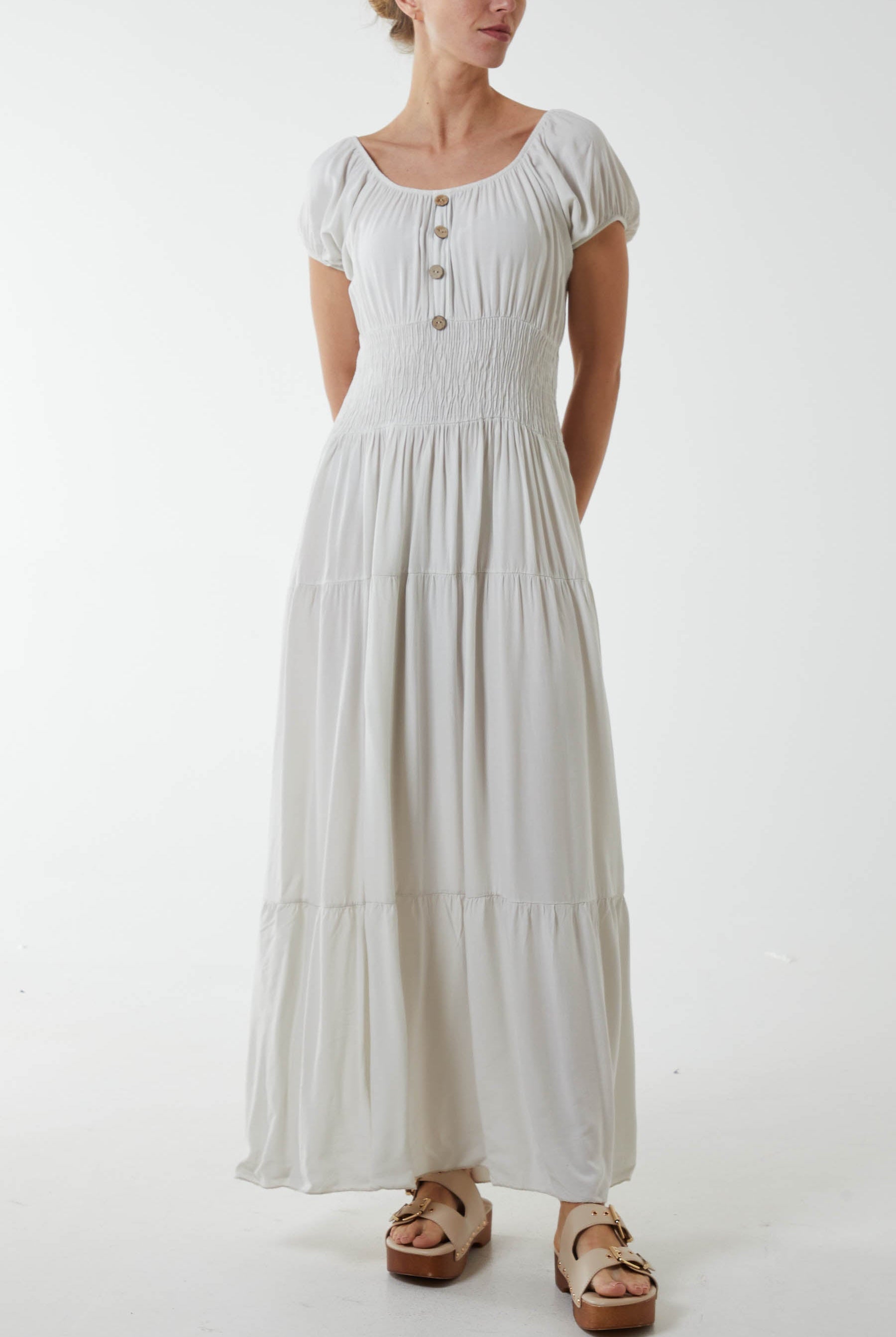 Gypsy Scoop Neck Button Maxi Dress Dresses WearAll Stone One Size