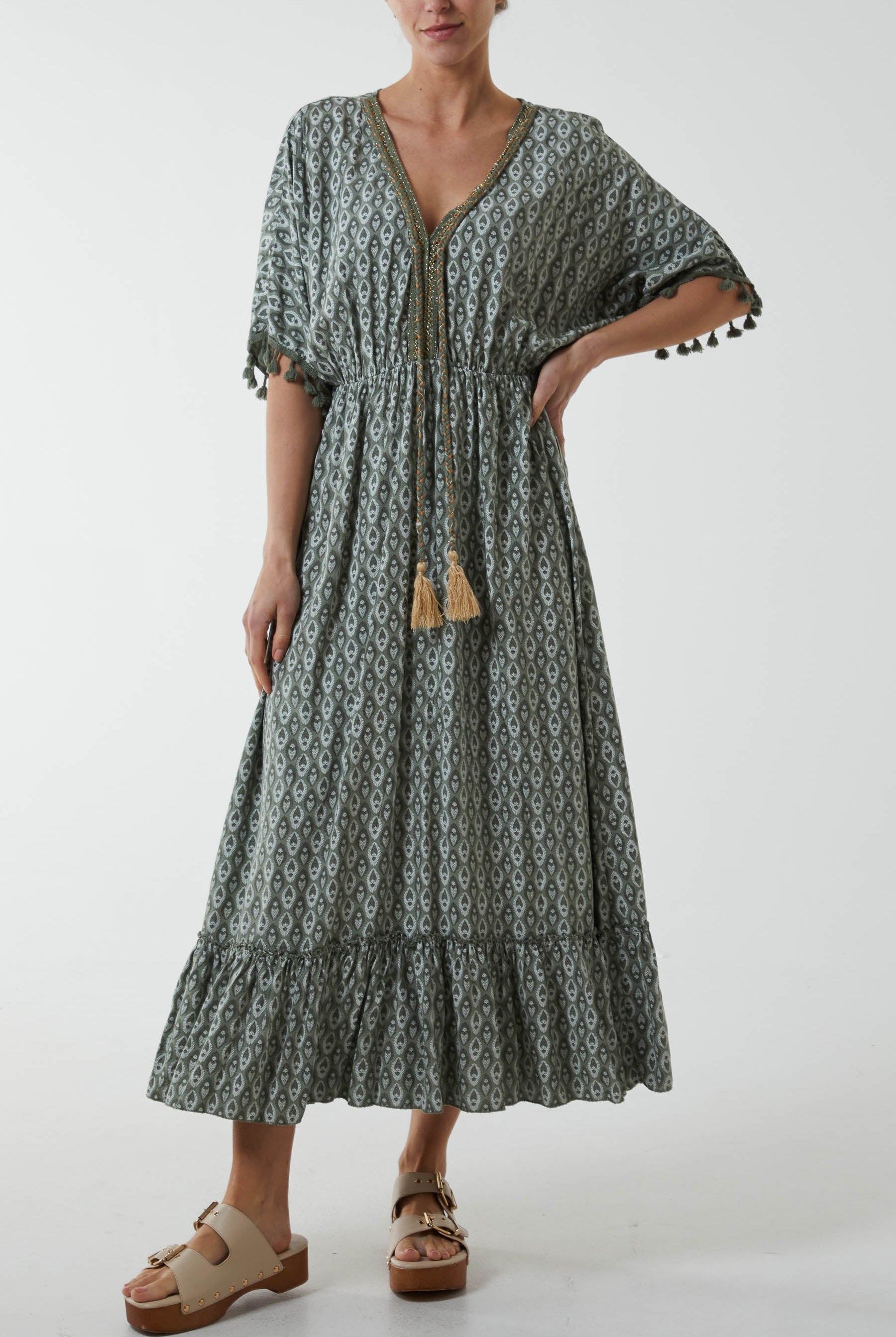 Mosaic Print Tassel Dress Dresses WearAll Khaki One Size