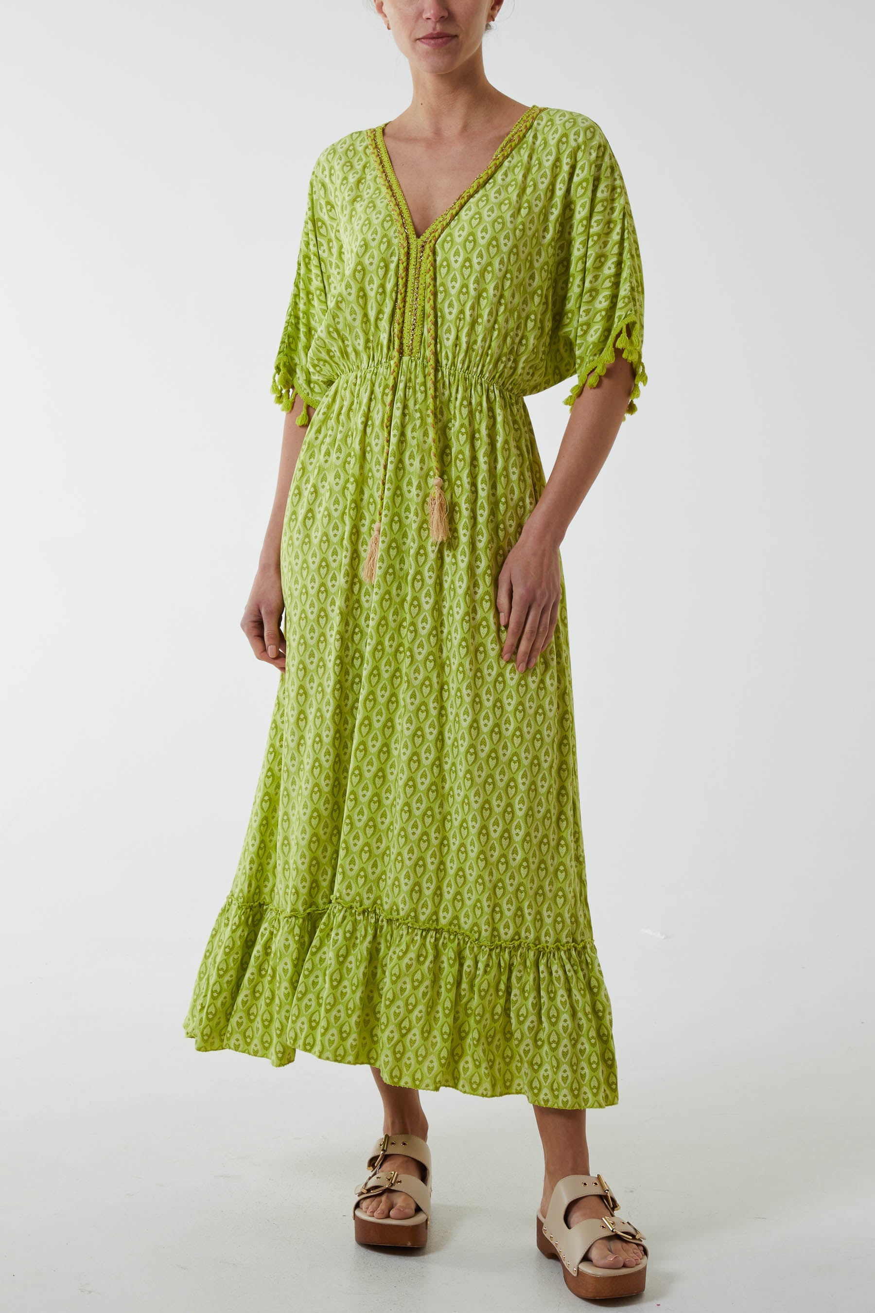 Mosaic Print Tassel Dress Dresses WearAll Lime One Size