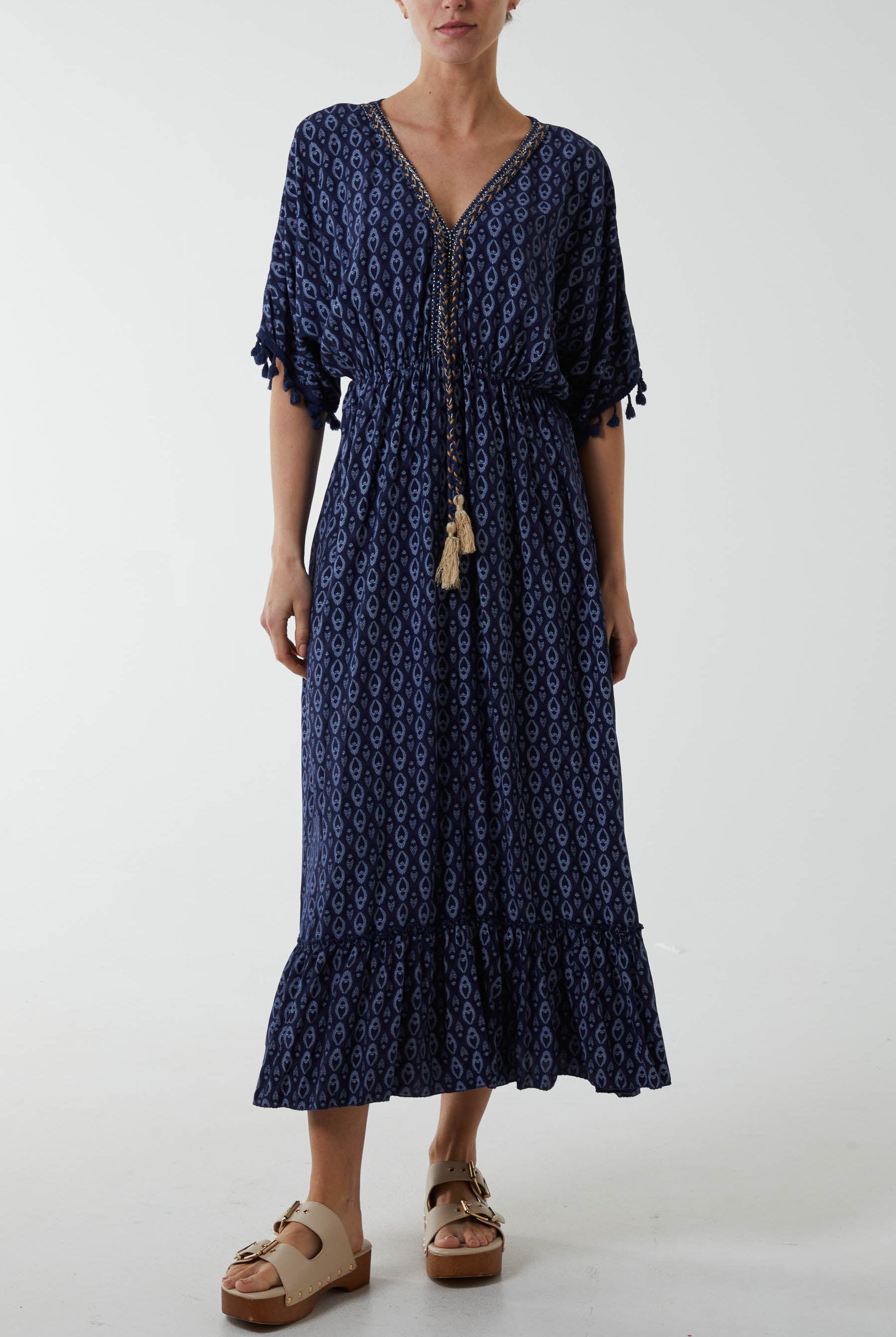 Mosaic Print Tassel Dress Dresses WearAll Navy One Size