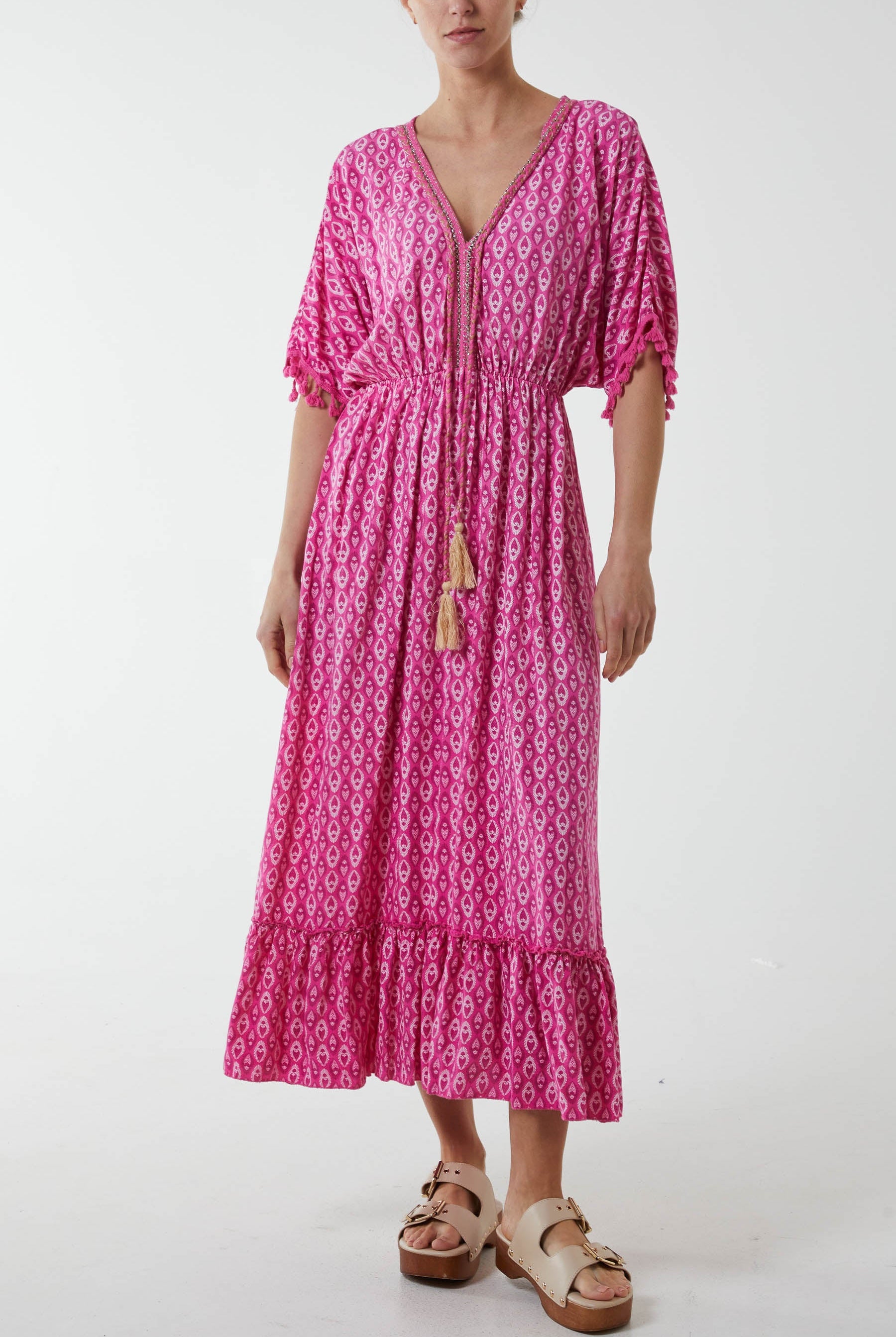 Mosaic Print Tassel Dress Dresses WearAll Bubblegum Pink One Size