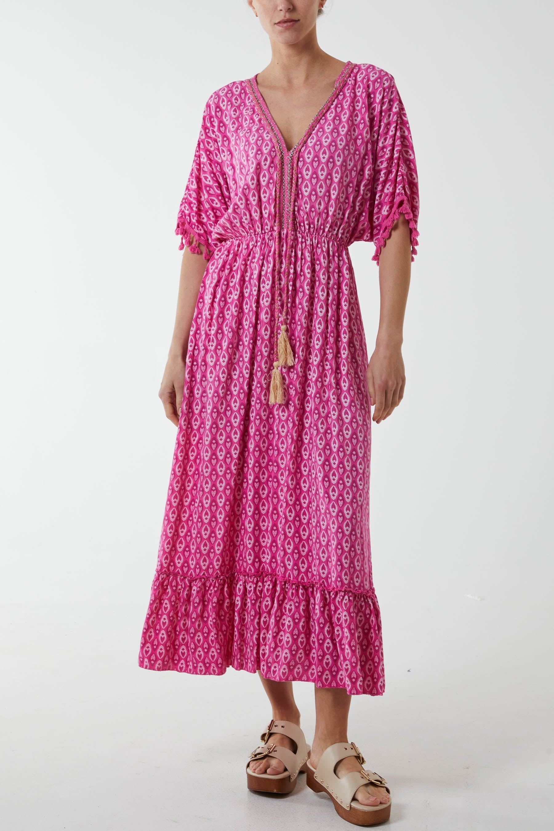 Mosaic Print Tassel Dress Dresses WearAll Bubblegum Pink One Size