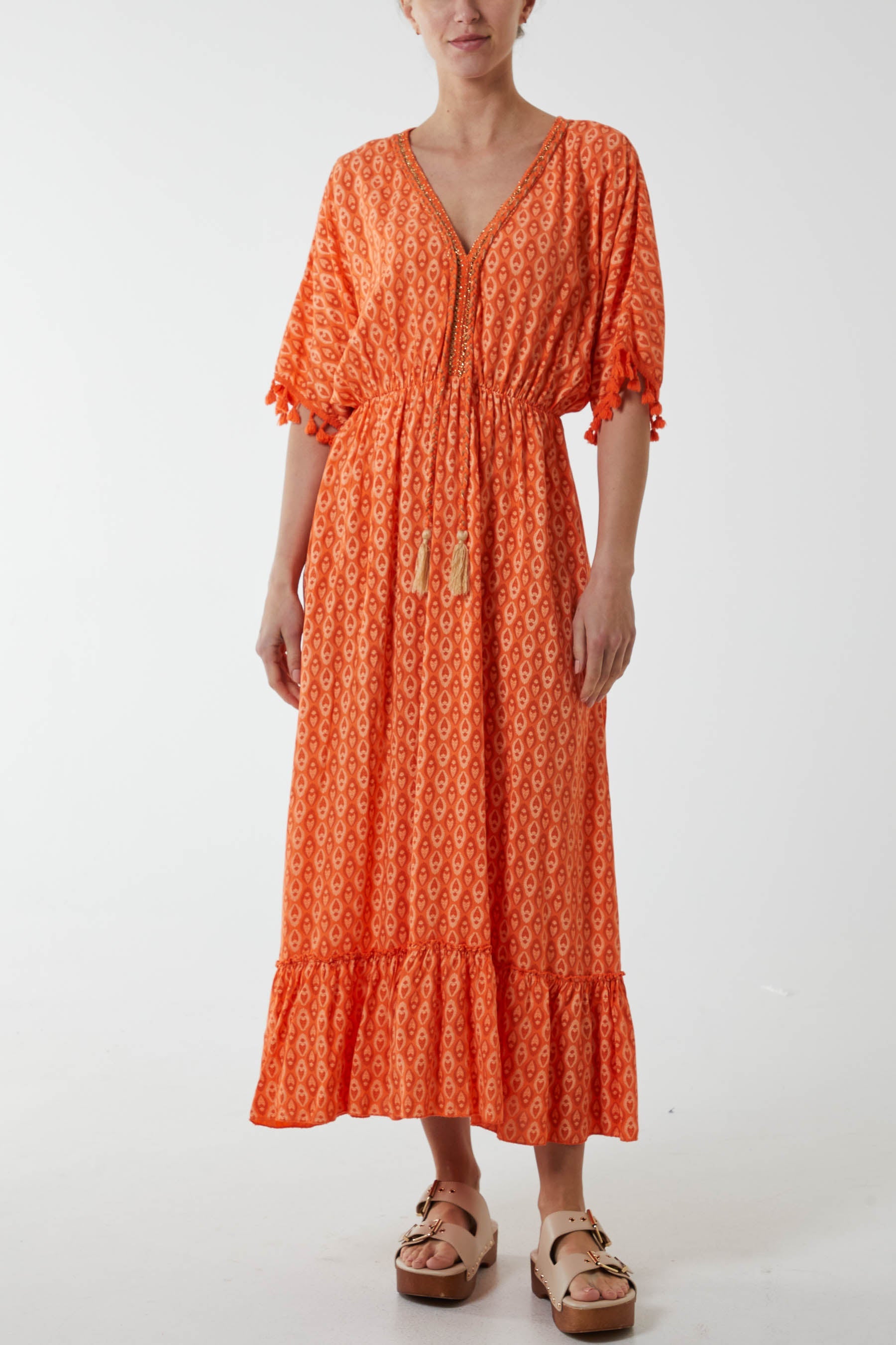 Mosaic Print Tassel Dress Dresses WearAll Orange One Size