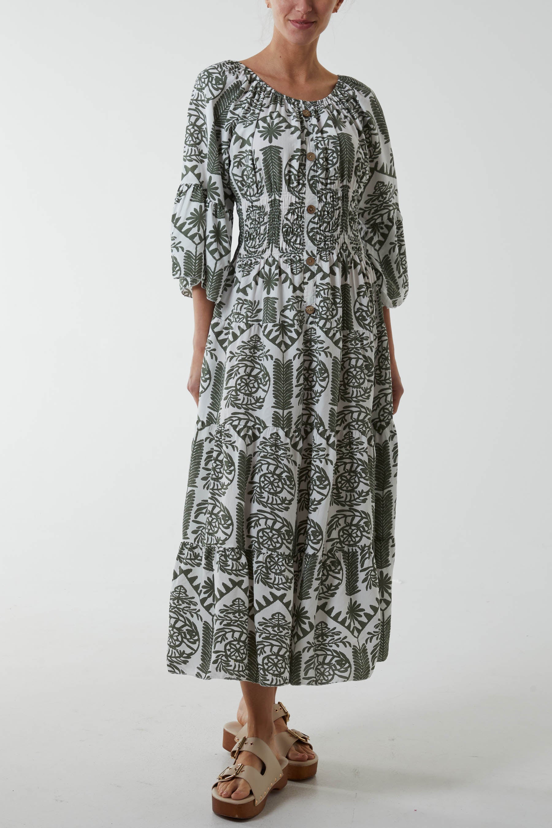 Gypsy Barot Baroque Button Dress Dresses WearAll Khaki One Size