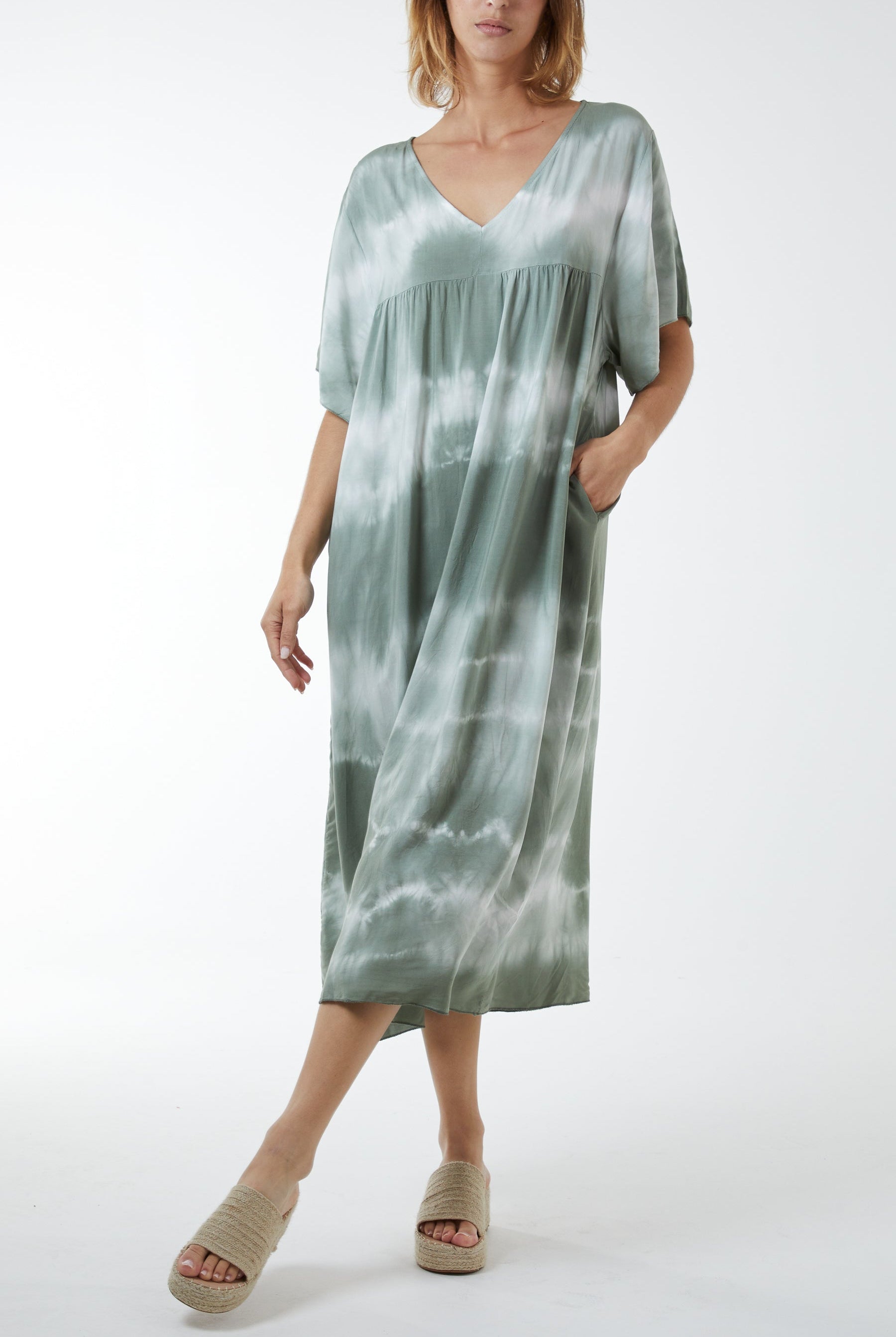 V-Neck Tie Dye Maxi Dress Dresses WearAll Khaki One Size