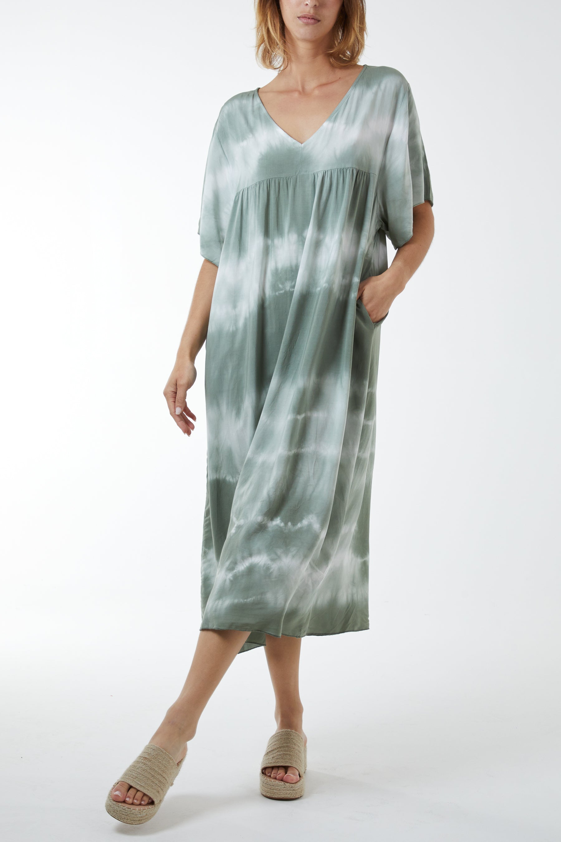 V-Neck Tie Dye Maxi Dress Dresses WearAll Khaki One Size