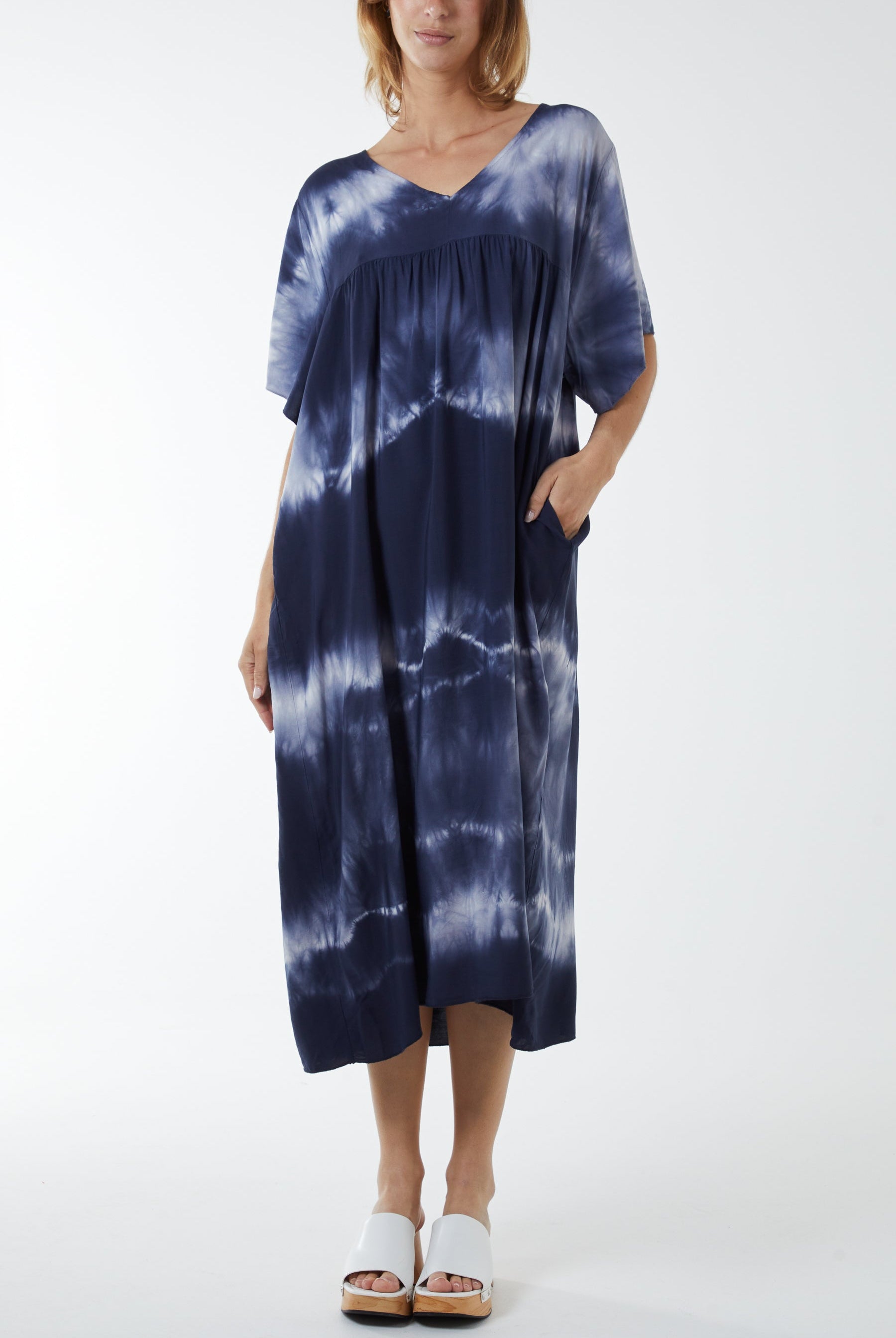 V-Neck Tie Dye Maxi Dress Dresses WearAll Navy One Size