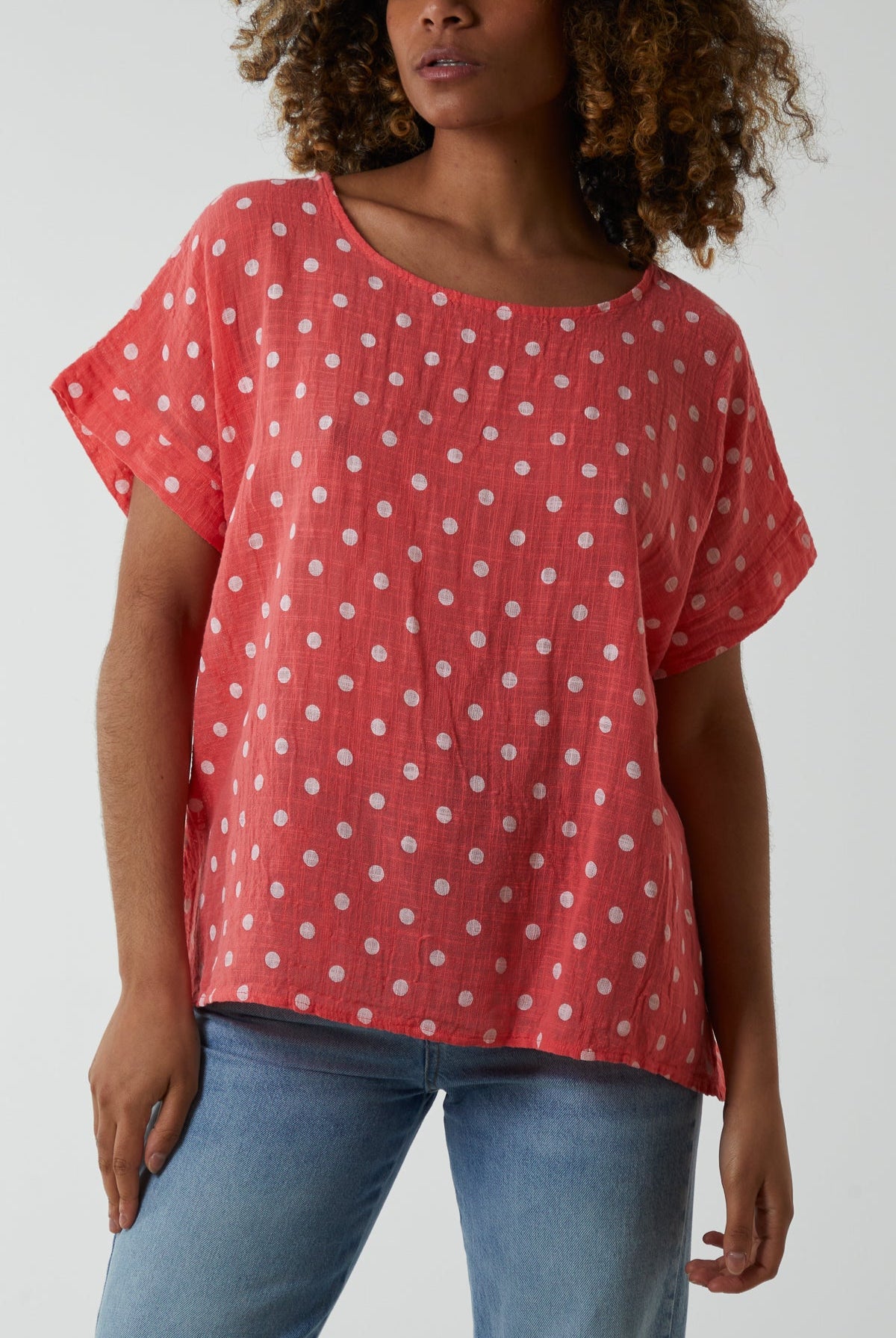 Polka Dot Short Sleeve Top Tops WearAll Coral One Size