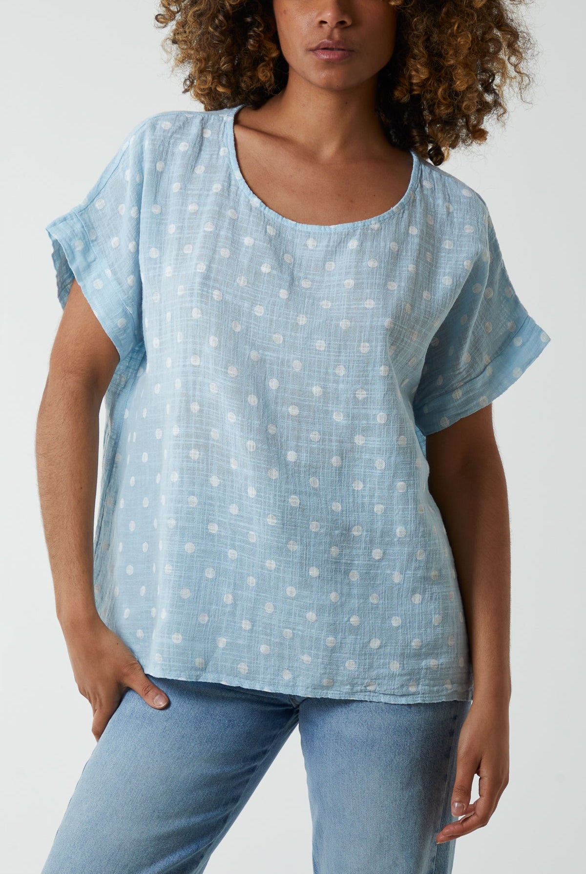 Polka Dot Short Sleeve Top Tops WearAll Light Blue One Size