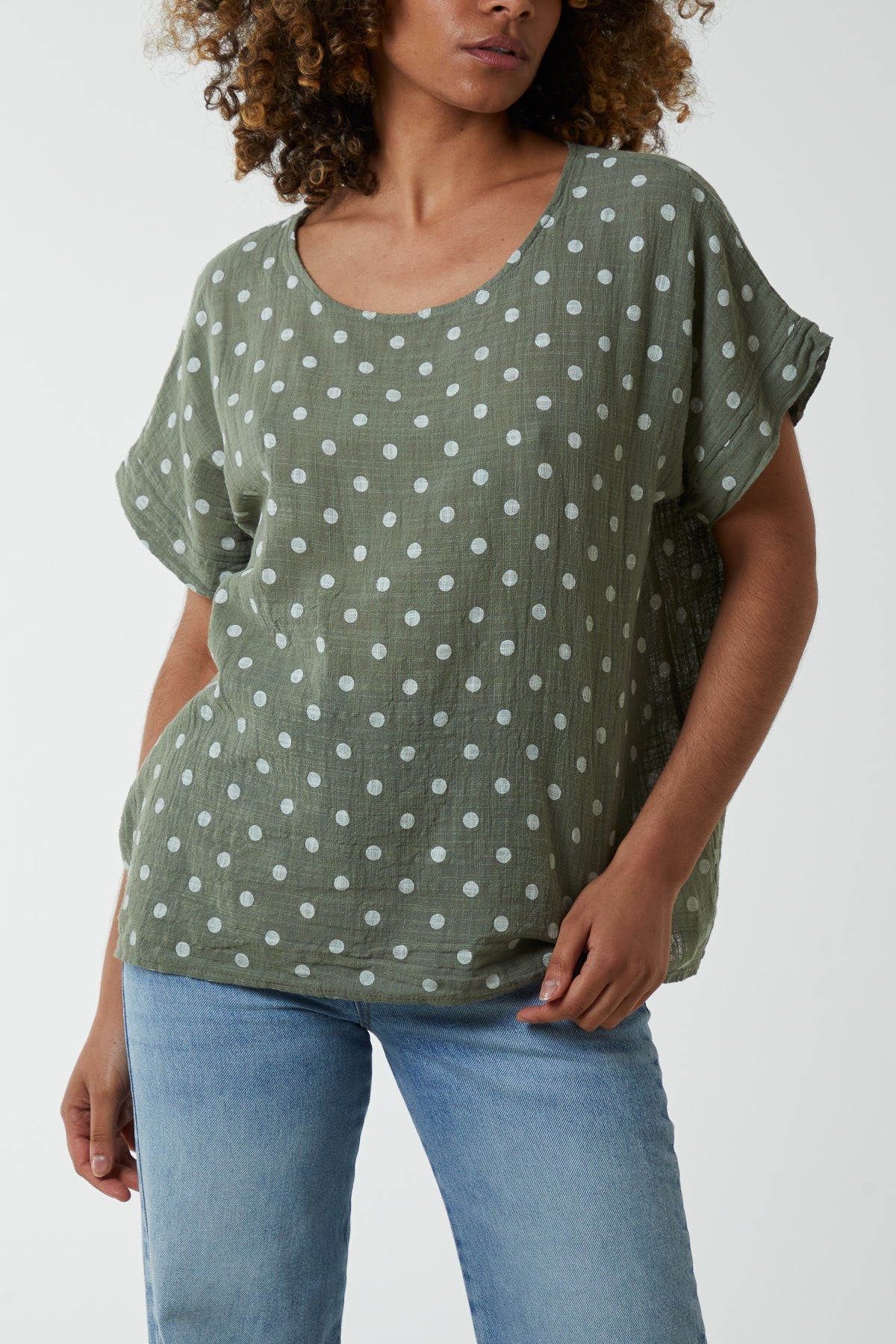 Polka Dot Short Sleeve Top Tops WearAll Khaki One Size