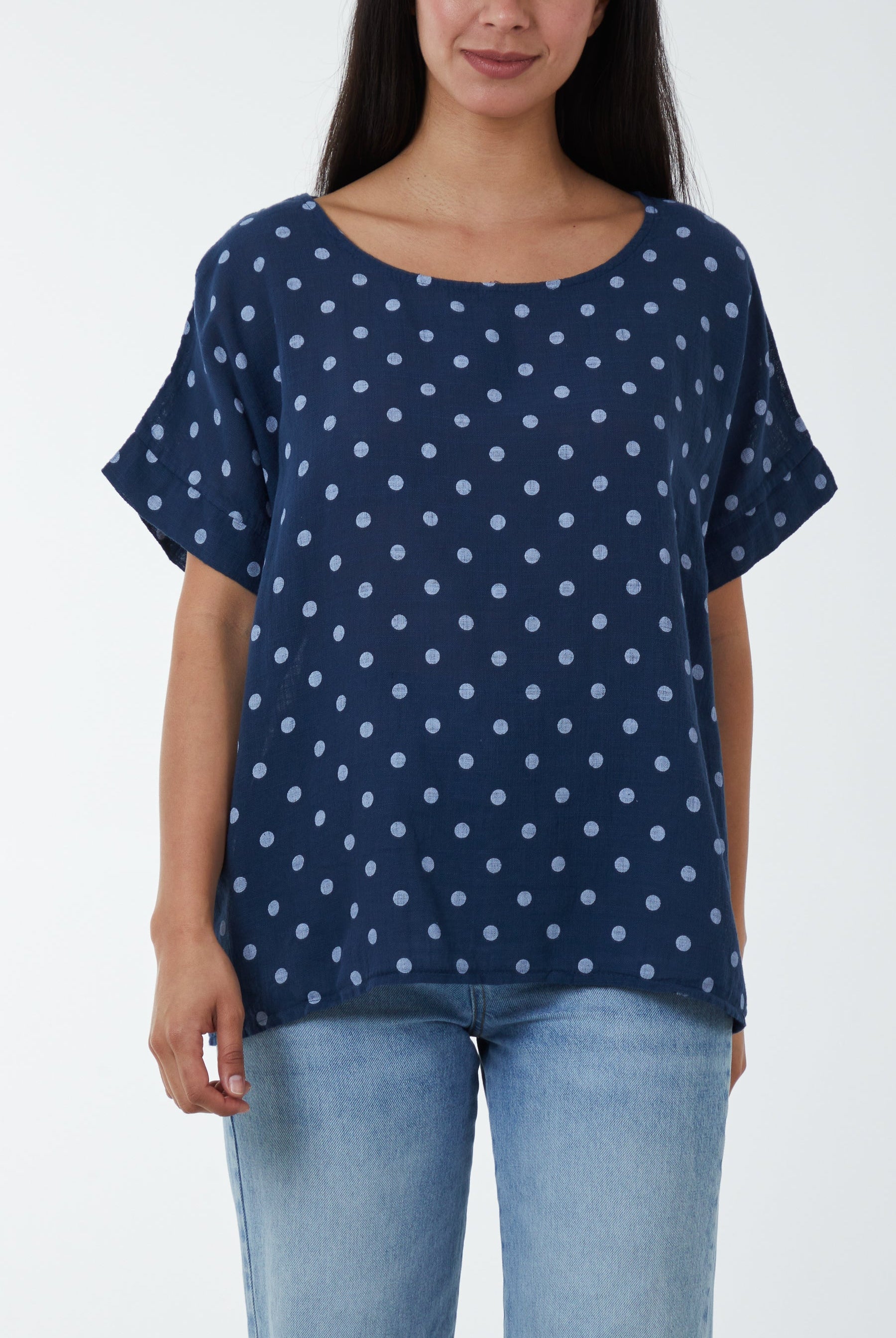 Polka Dot Short Sleeve Top Tops WearAll Navy One Size