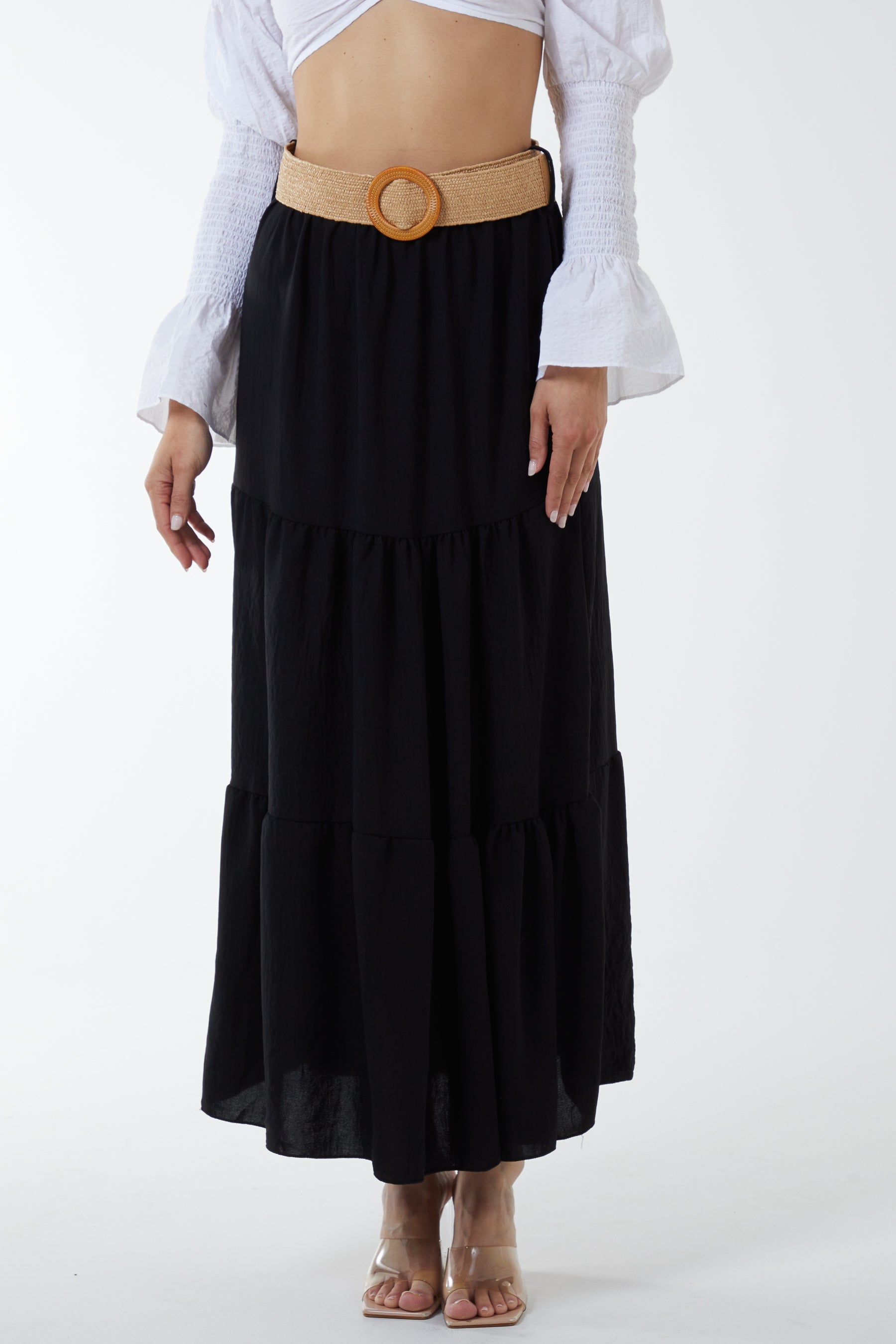 Belted Tiered Maxi Skirt Skirts WearAll Black One Size