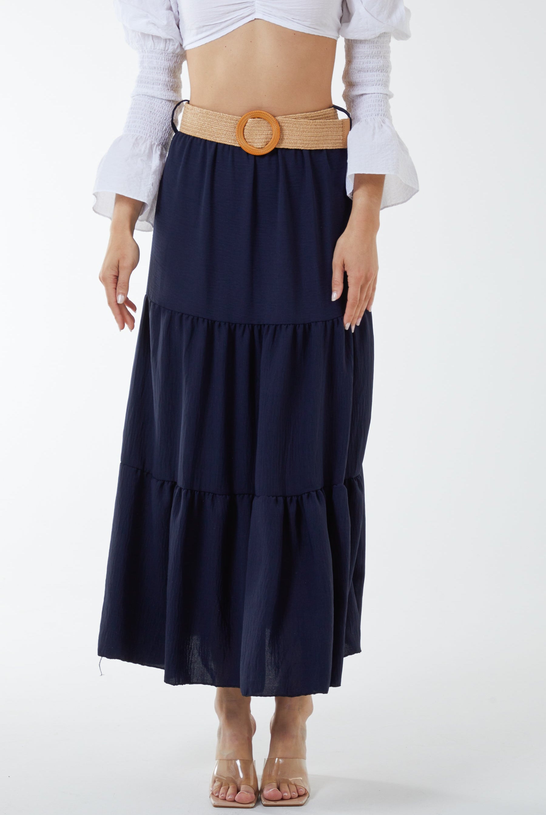 Belted Tiered Maxi Skirt Skirts WearAll Navy One Size