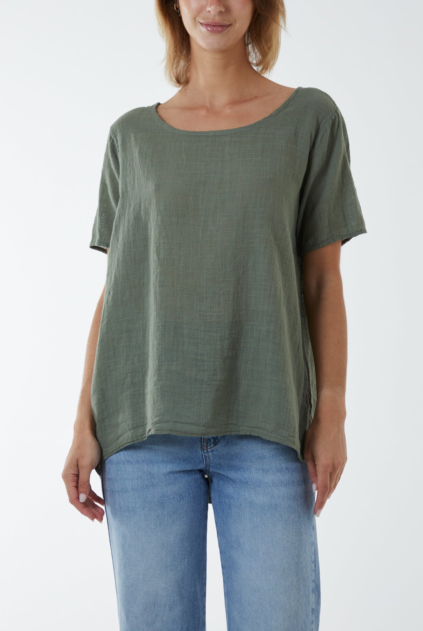 Round Neck Button Back Top Tops WearAll Khaki One Size