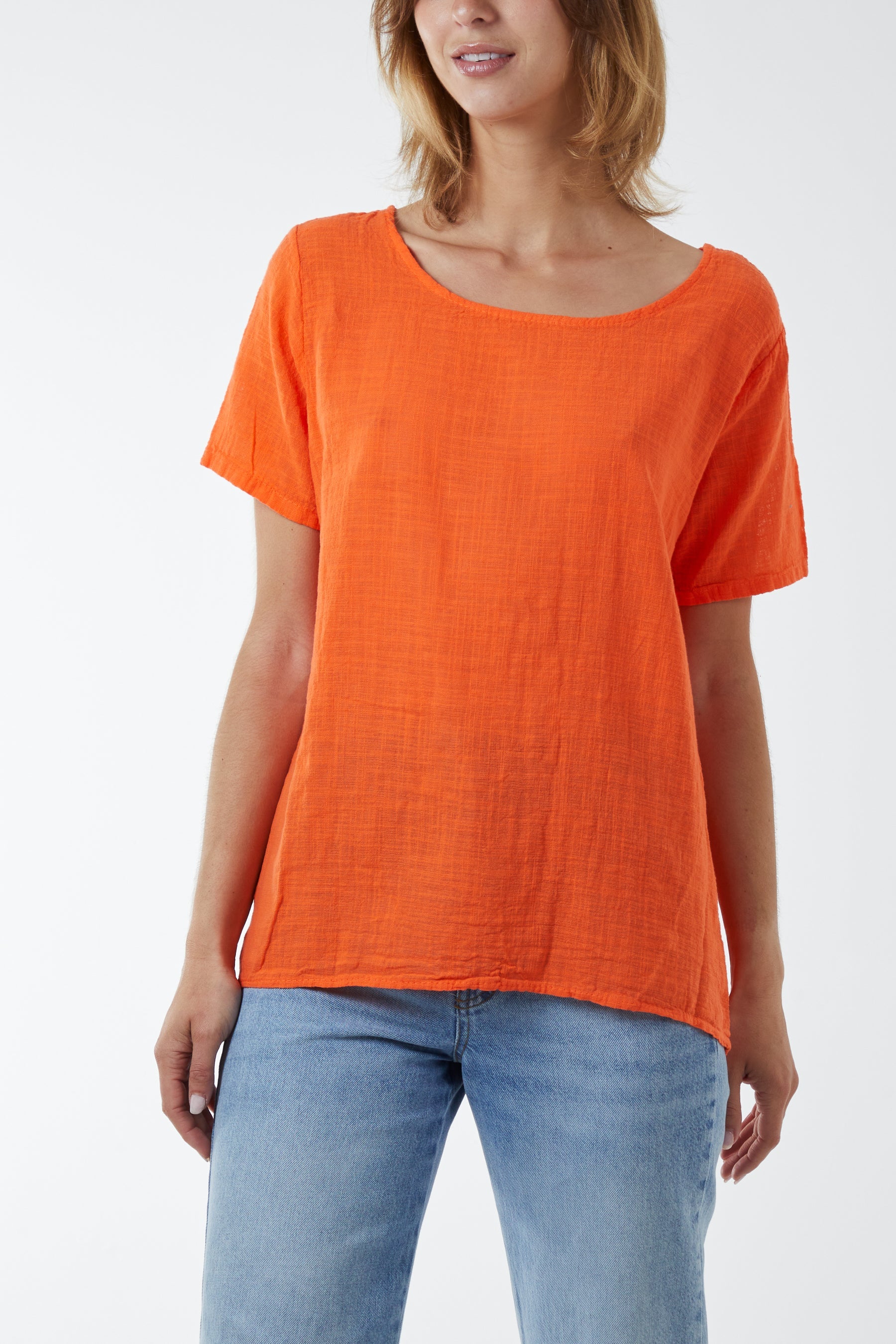 Round Neck Button Back Top Tops WearAll Orange One Size