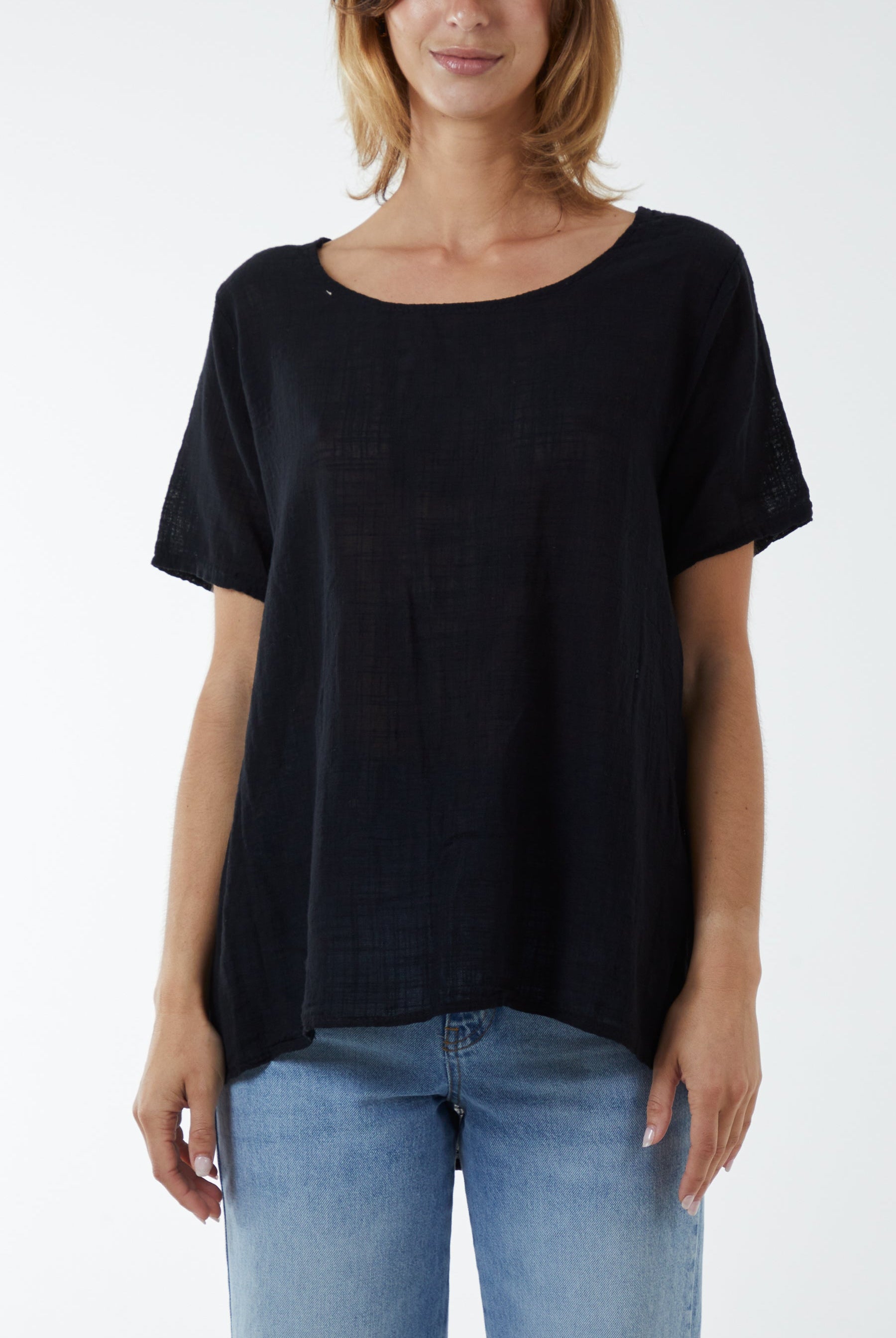 Round Neck Button Back Top Tops WearAll Black One Size