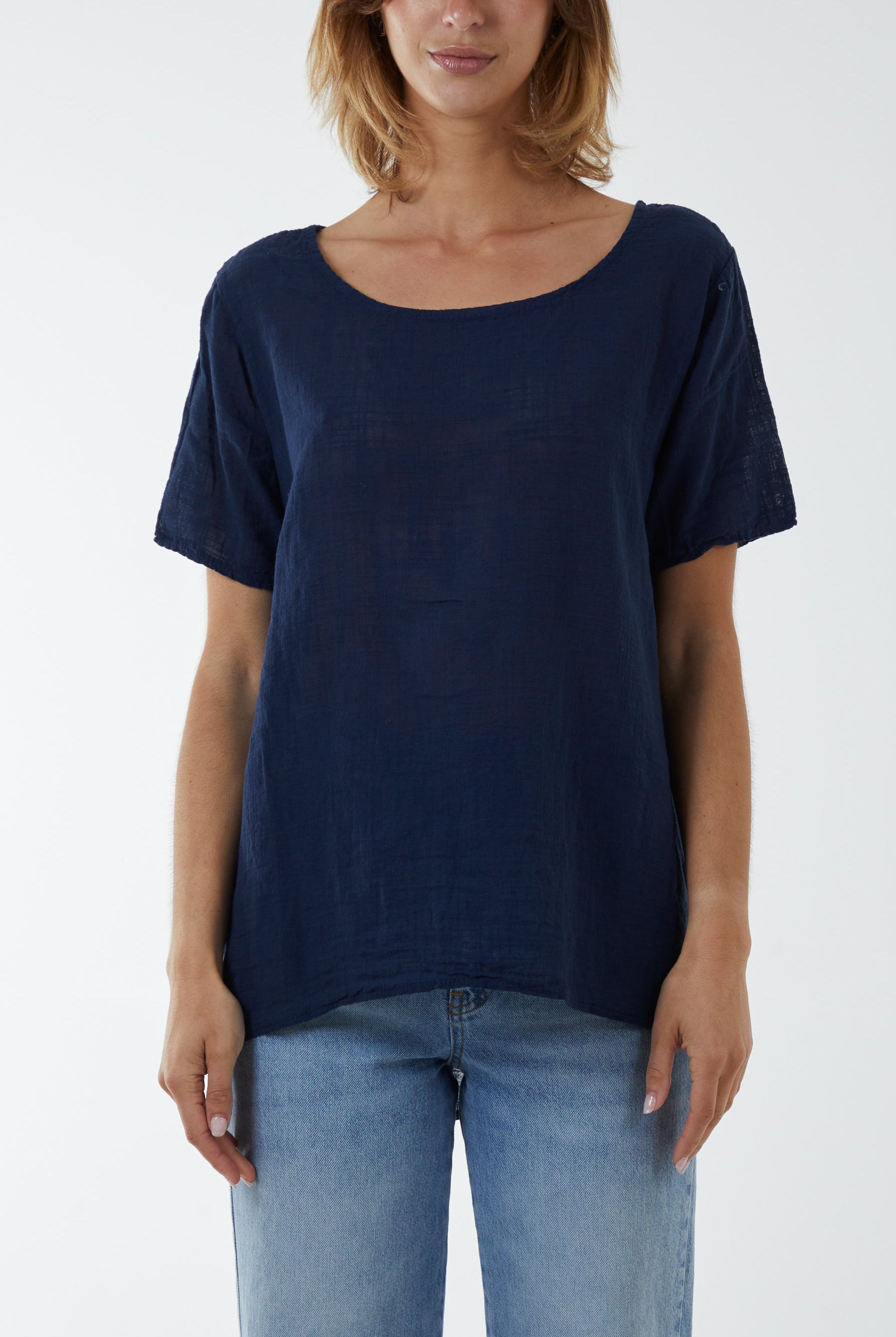 Round Neck Button Back Top Tops WearAll Navy One Size