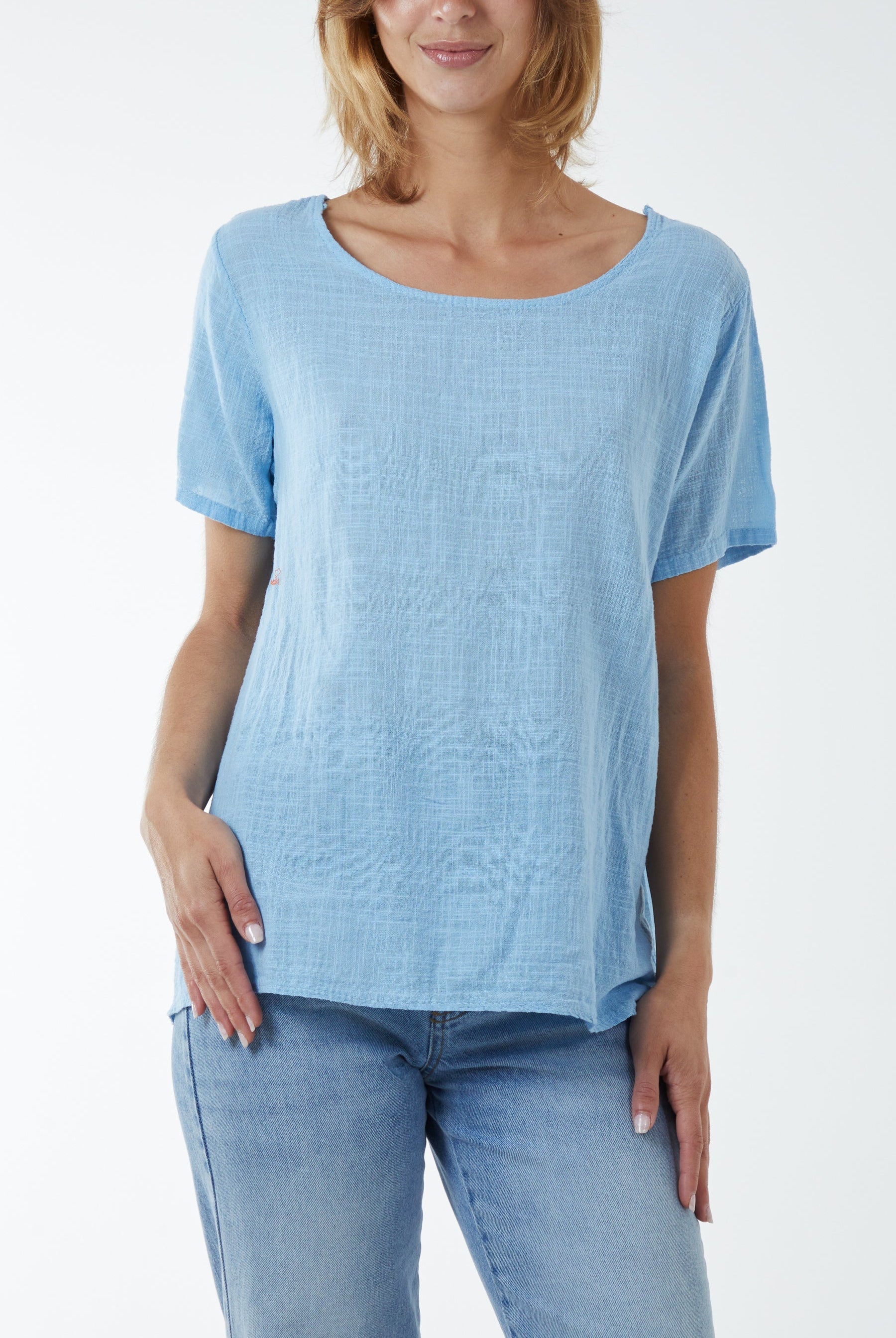 Round Neck Button Back Top Tops WearAll Light Blue One Size