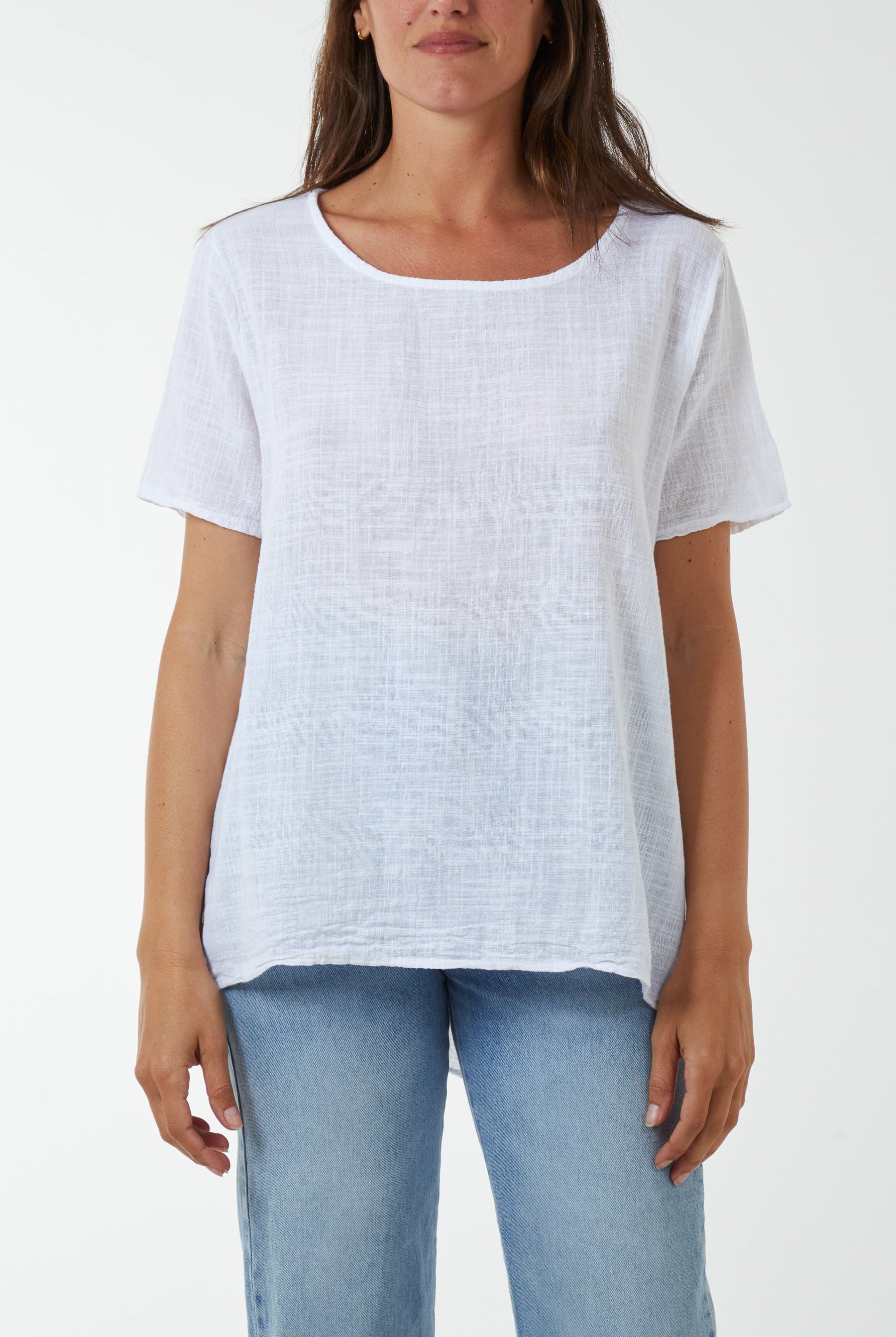 Round Neck Button Back Top Tops WearAll White One Size