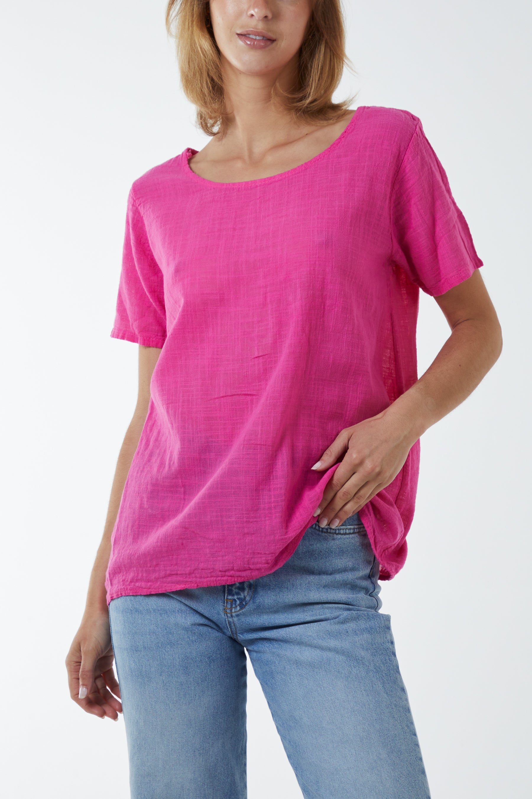 Round Neck Button Back Top Tops WearAll Fuchsia One Size