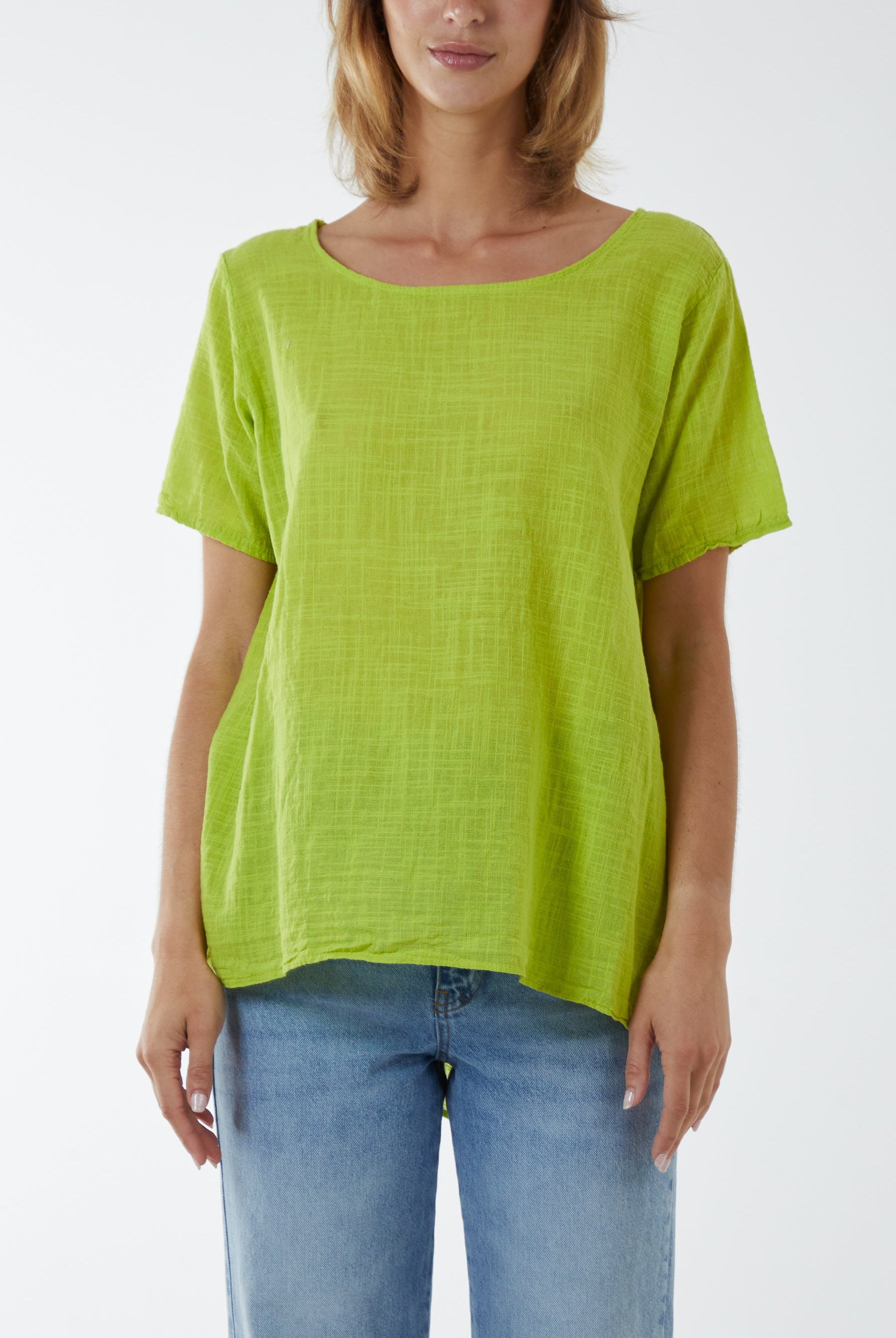 Round Neck Button Back Top Tops WearAll Lime One Size