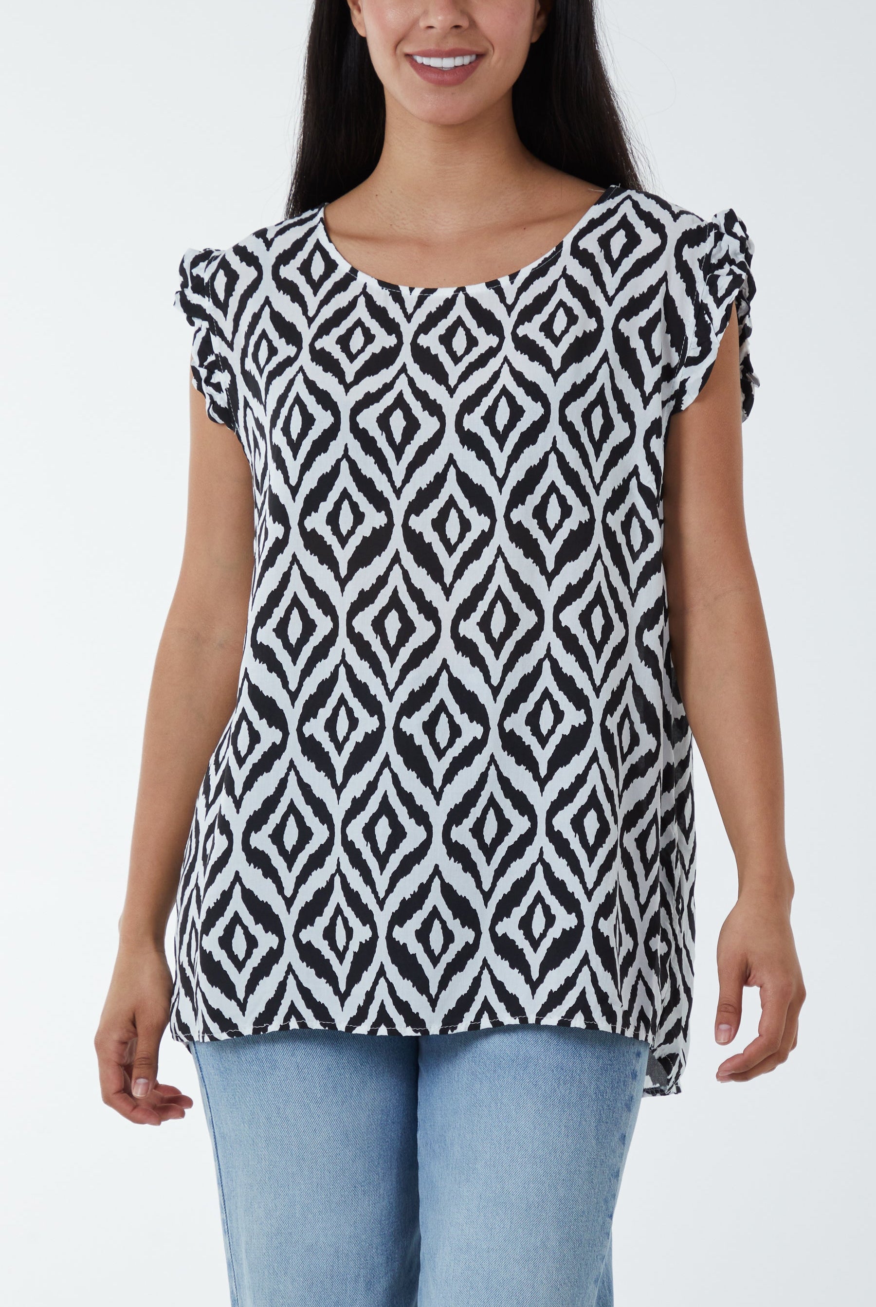 Geometric Print Frill Sleeve Top Blouses WearAll Black One Size