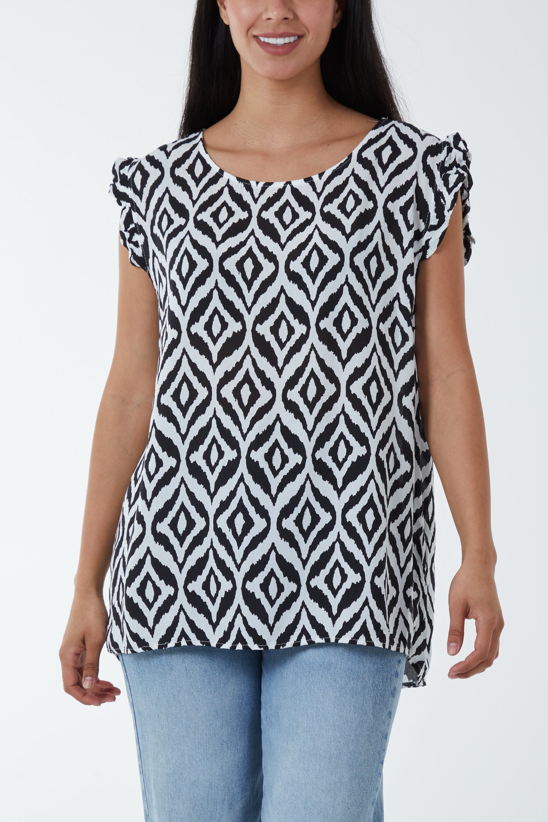 Geometric Print Frill Sleeve Top Blouses WearAll Black One Size