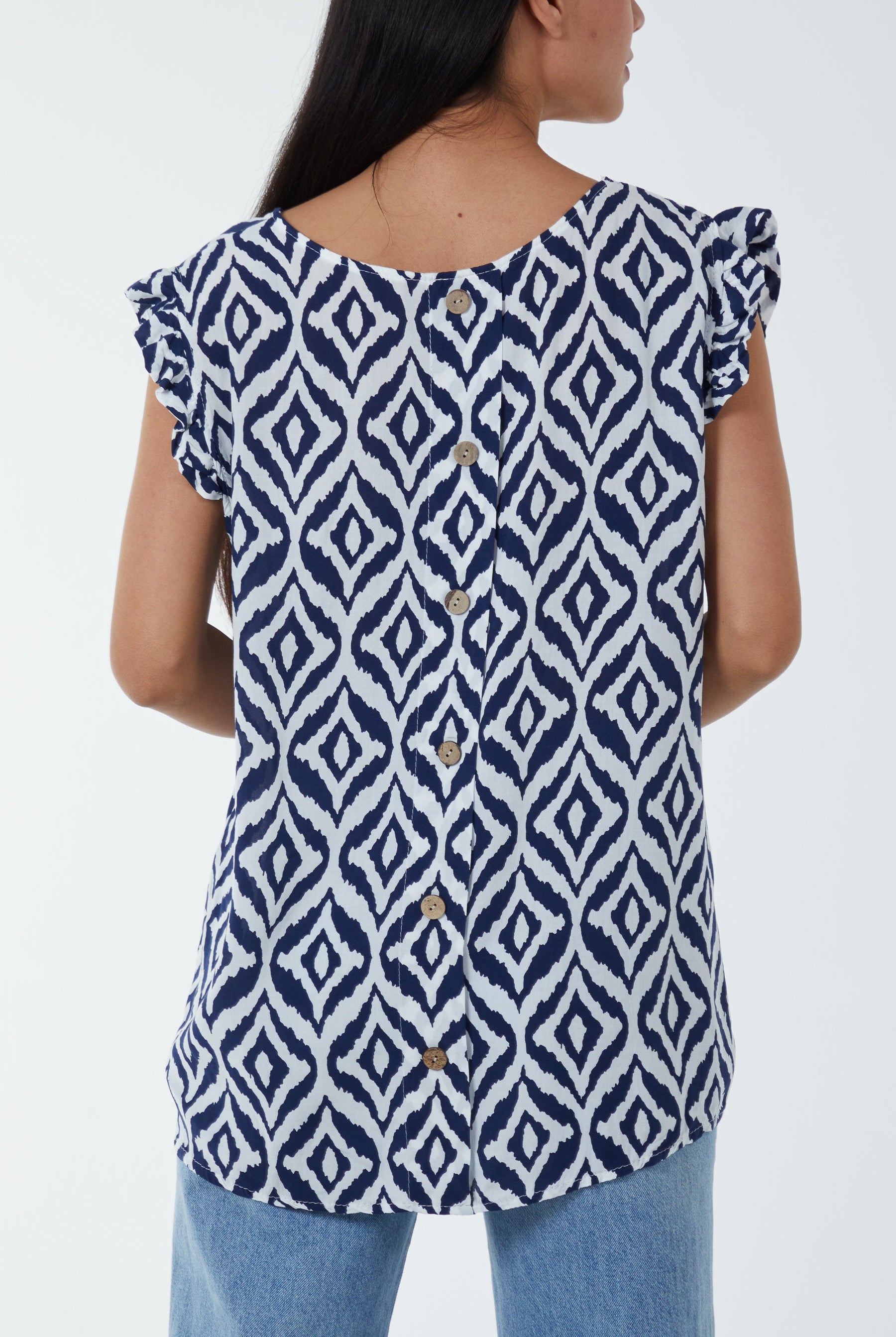 Geometric Print Frill Sleeve Top Blouses WearAll