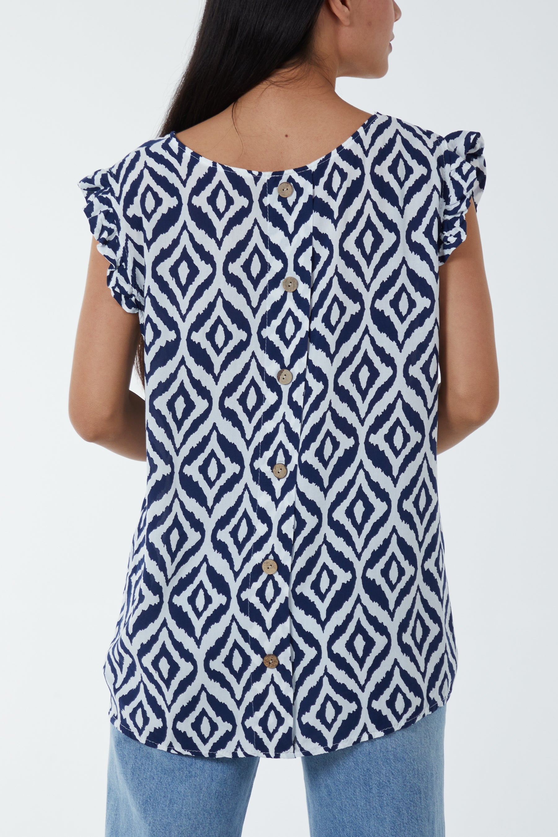 Geometric Print Frill Sleeve Top Blouses WearAll