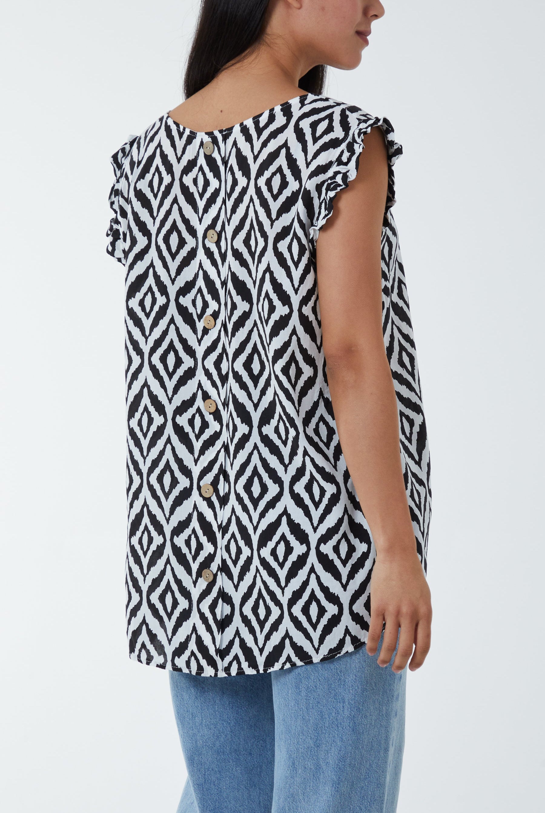 Geometric Print Frill Sleeve Top Blouses WearAll