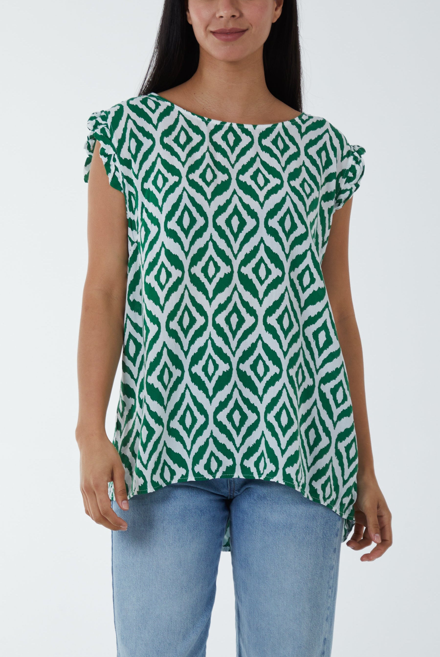 Geometric Print Frill Sleeve Top Blouses WearAll Jade One Size
