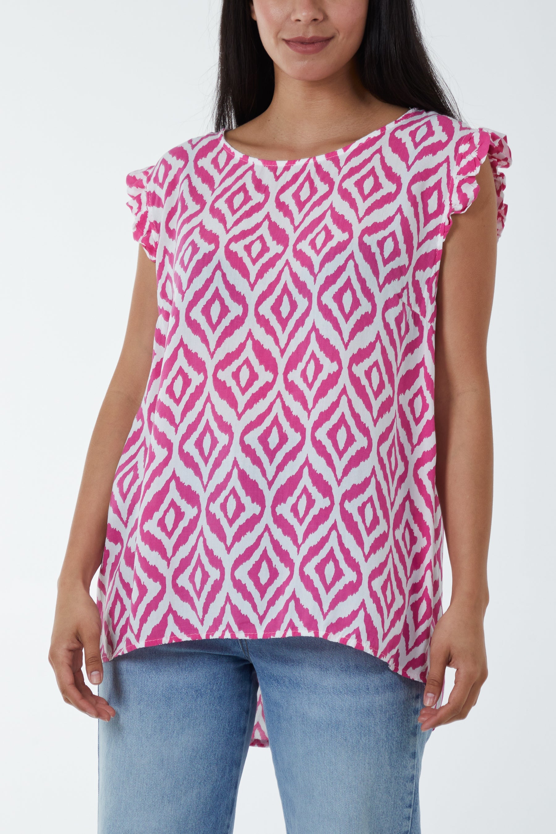 Geometric Print Frill Sleeve Top Blouses WearAll Hot Pink One Size