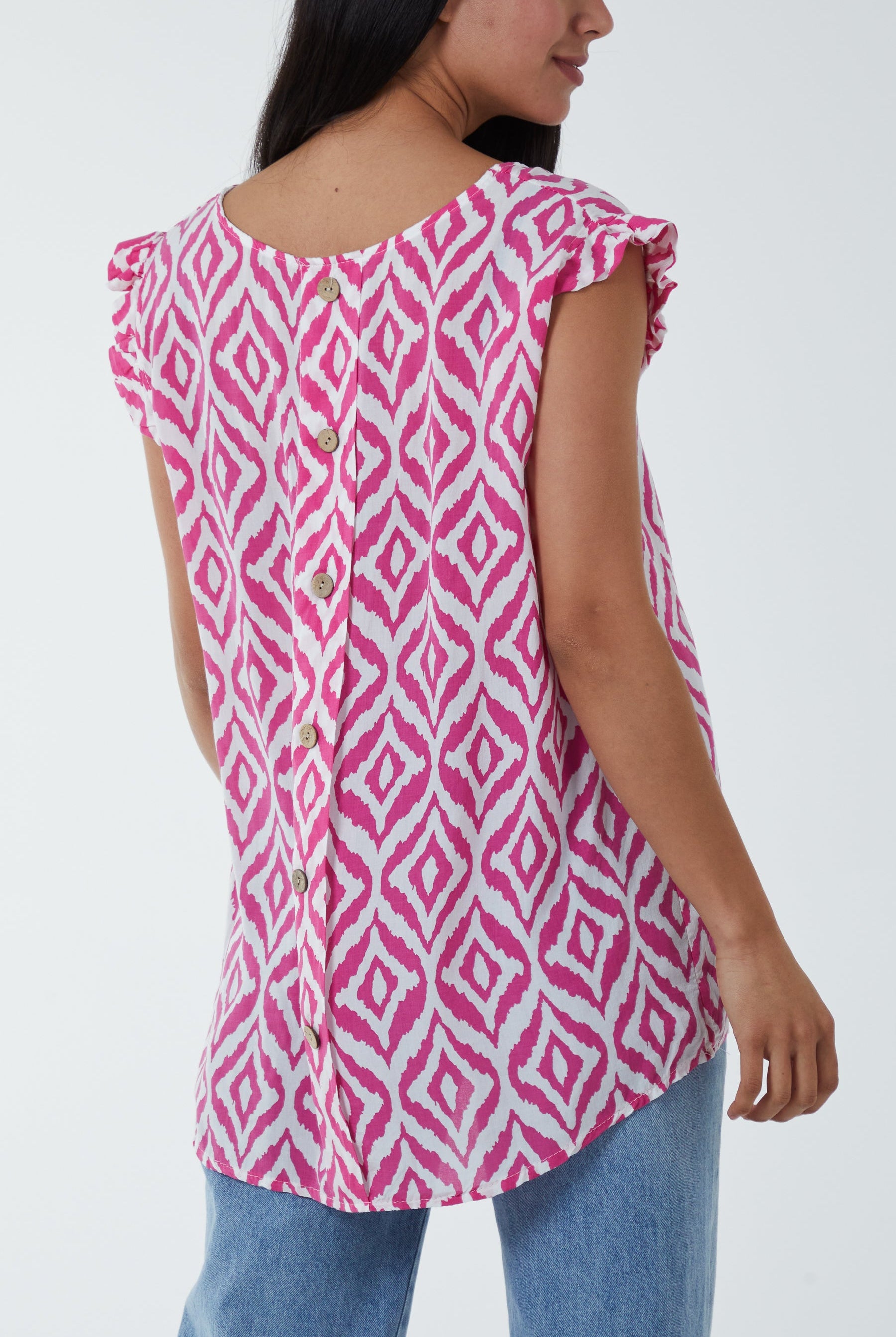 Geometric Print Frill Sleeve Top Blouses WearAll