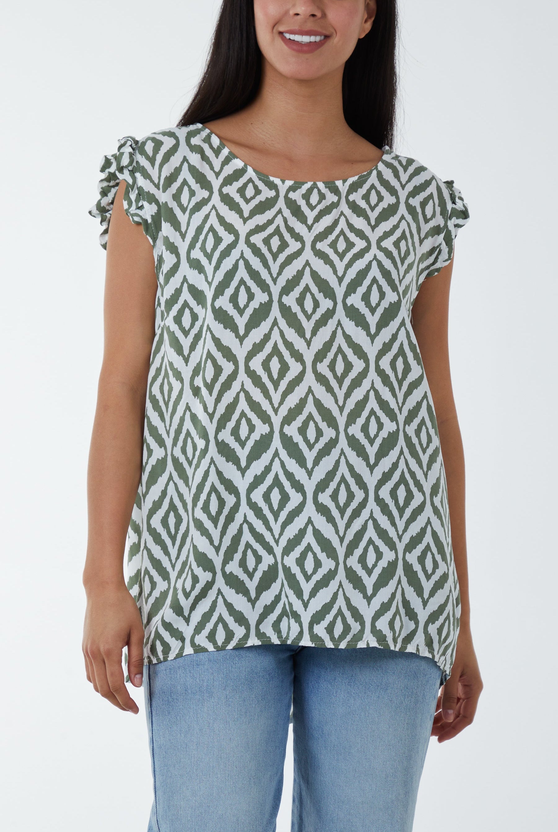 Geometric Print Frill Sleeve Top Blouses WearAll Khaki One Size