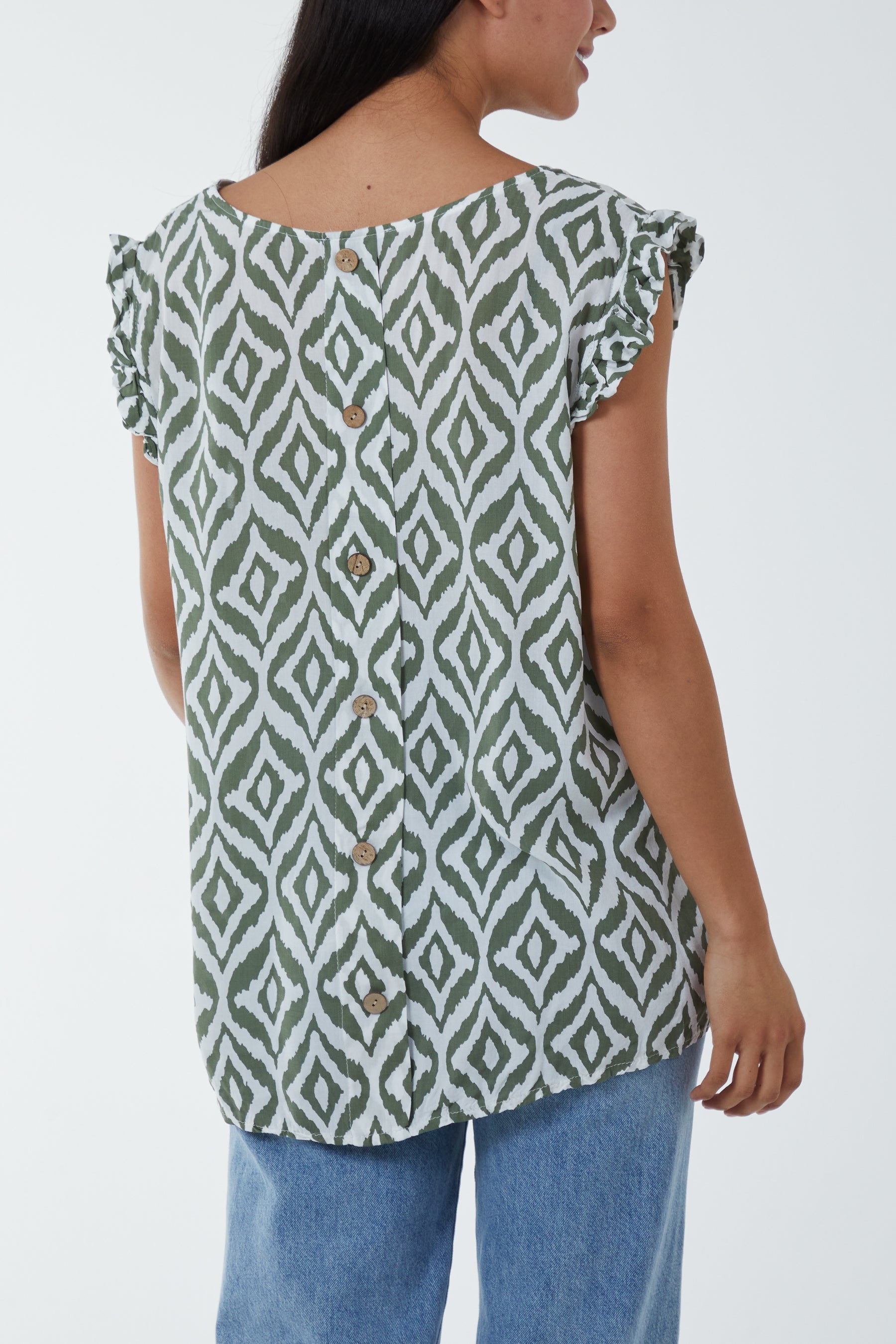 Geometric Print Frill Sleeve Top Blouses WearAll