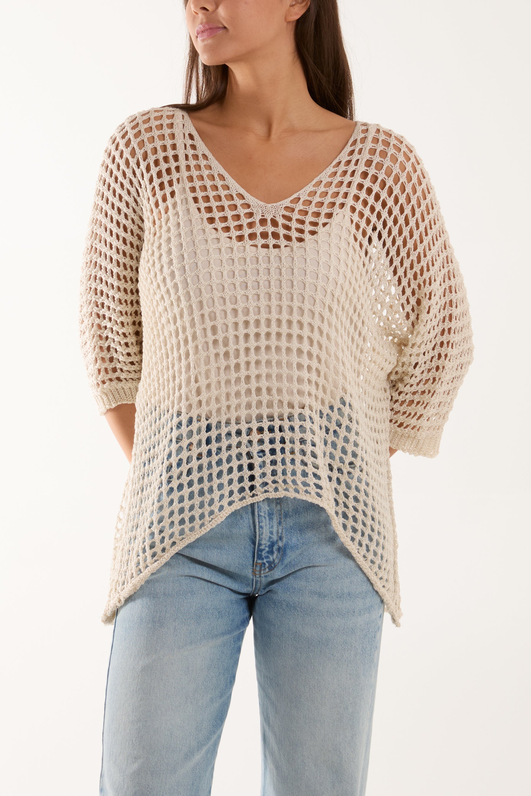 Round Neck Short Sleeve Crochet Top Tops WearAll Stone One Size