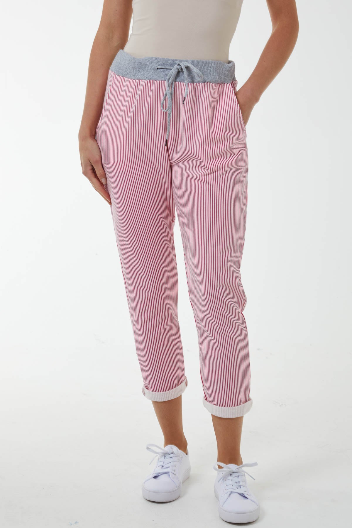 Pinstripe Contrast Waist Trousers Trousers WearAll Hot Pink One Size