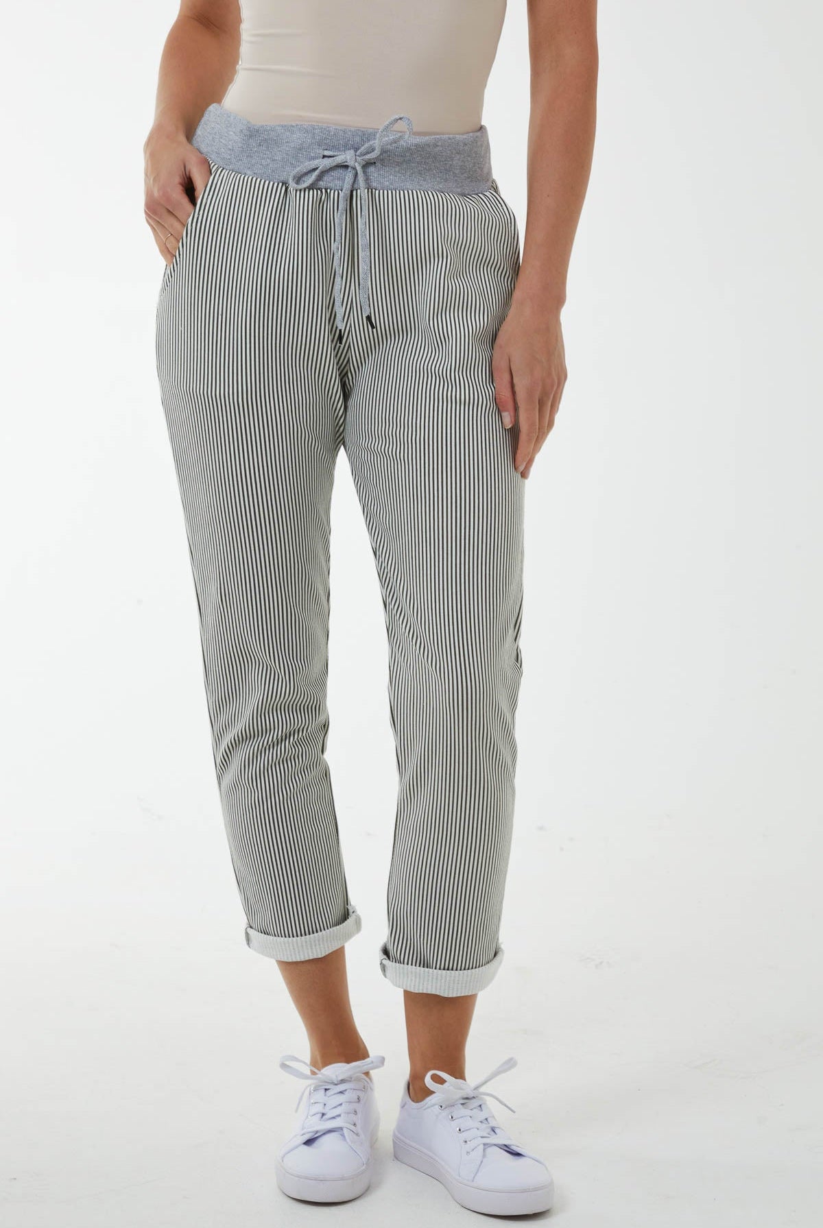 Pinstripe Contrast Waist Trousers Trousers WearAll Black One Size