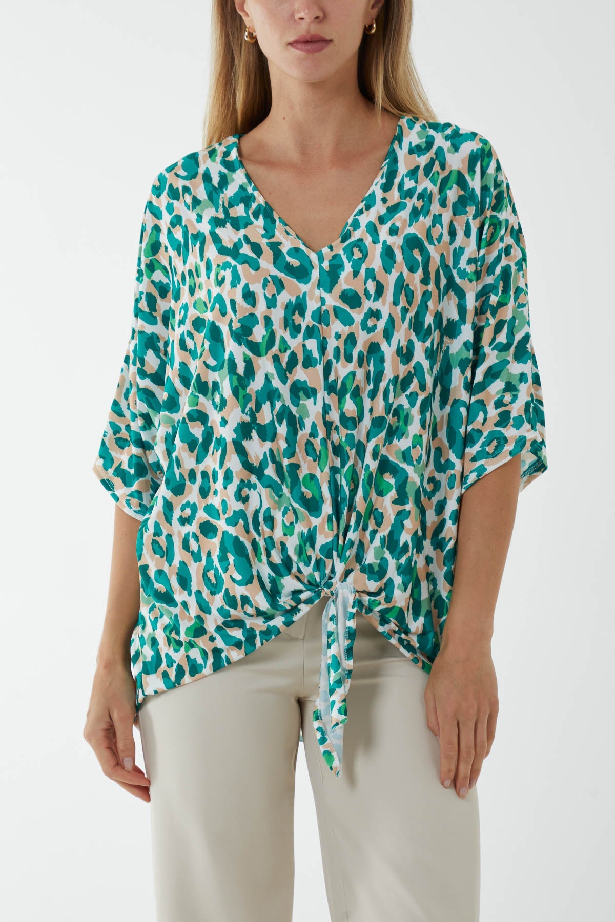 V-Neck Tied Front Leopard Print Top Tops WearAll Jade One Size