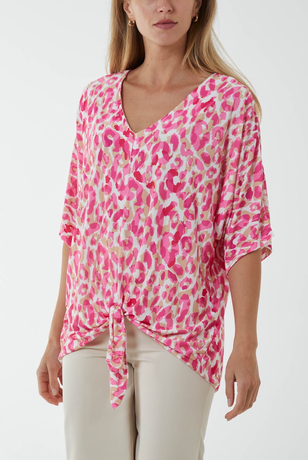 V-Neck Tied Front Leopard Print Top Tops WearAll Fuchsia One Size