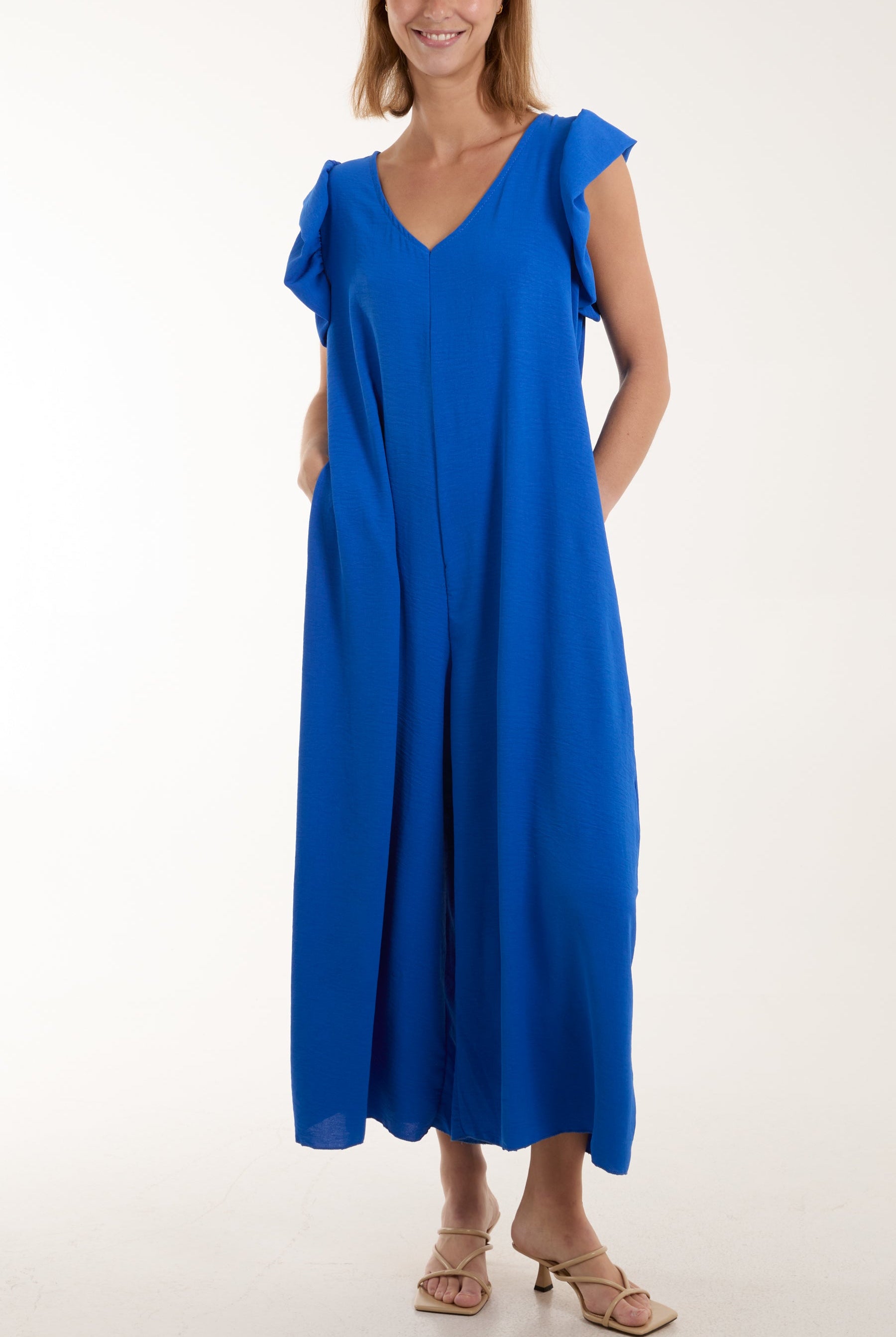 Ruffle Sleeve Wide Leg Jumpsuit Jumpsuits WearAll Royal Blue One Size