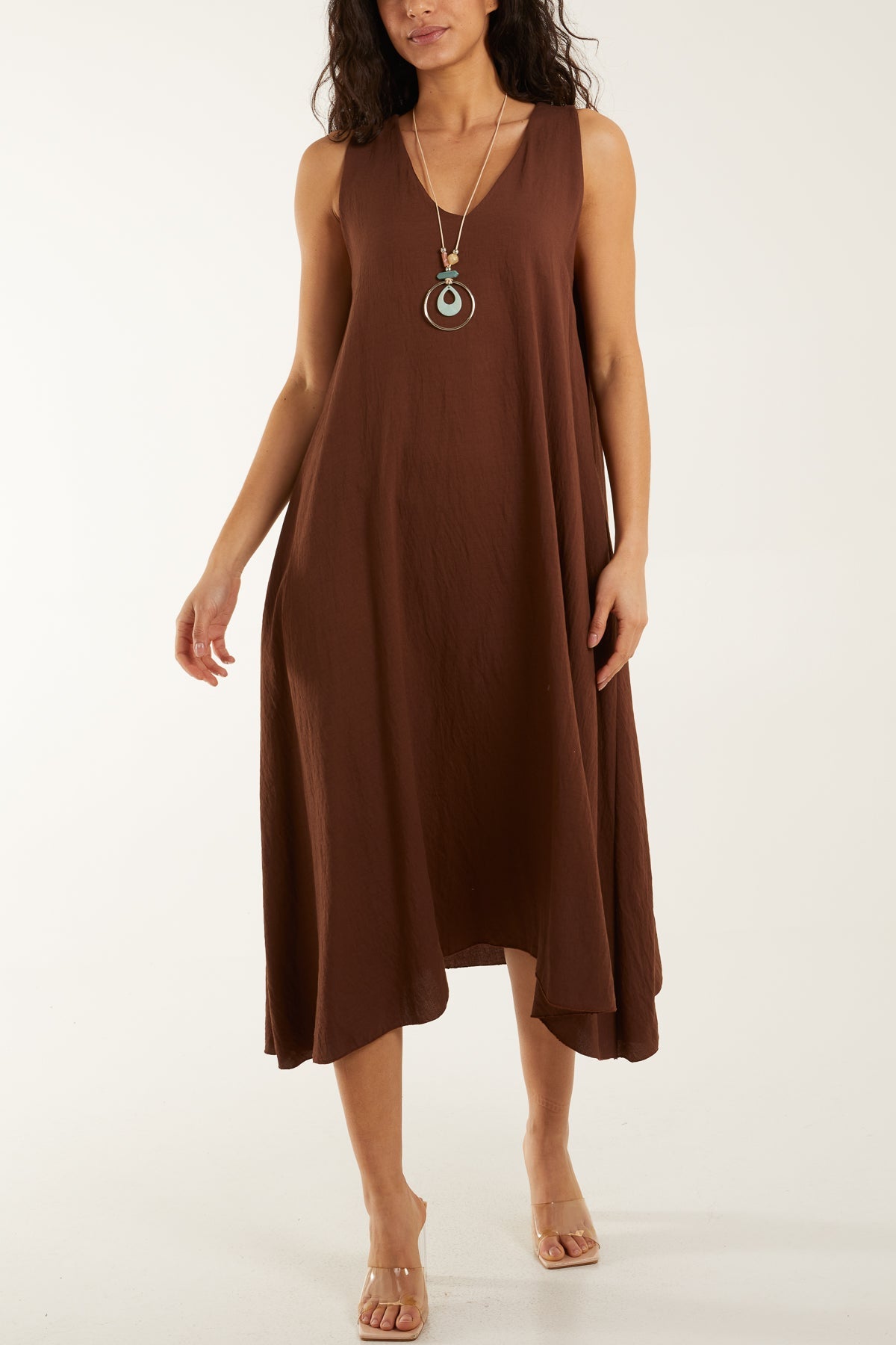 Round Neck Sleeveless Dress with Necklace Dresses WearAll Chocolate One Size